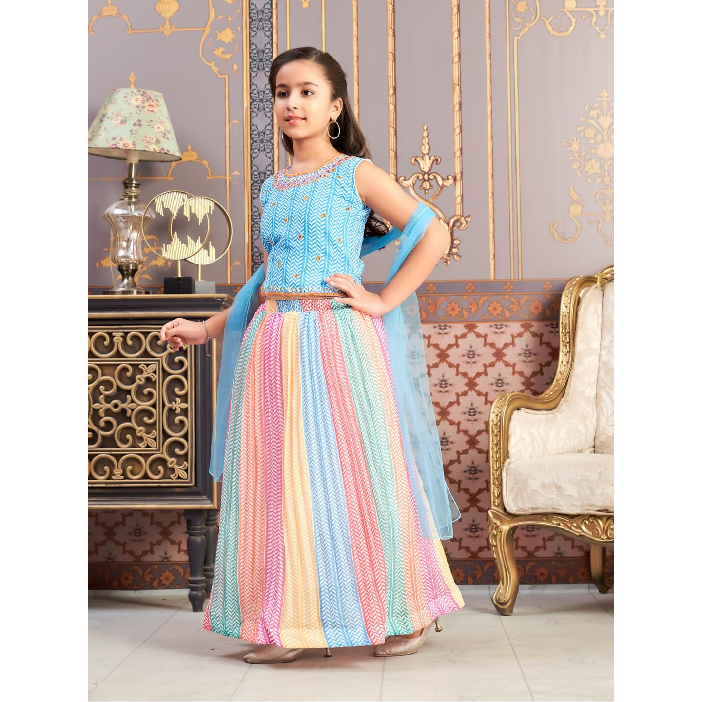 Aarika Girls Ethnic Wear Turquoise-Multi Colour Beads Embroidery/Print Georgette Lehenga Choli Set With Dupatta (5-16 Years)