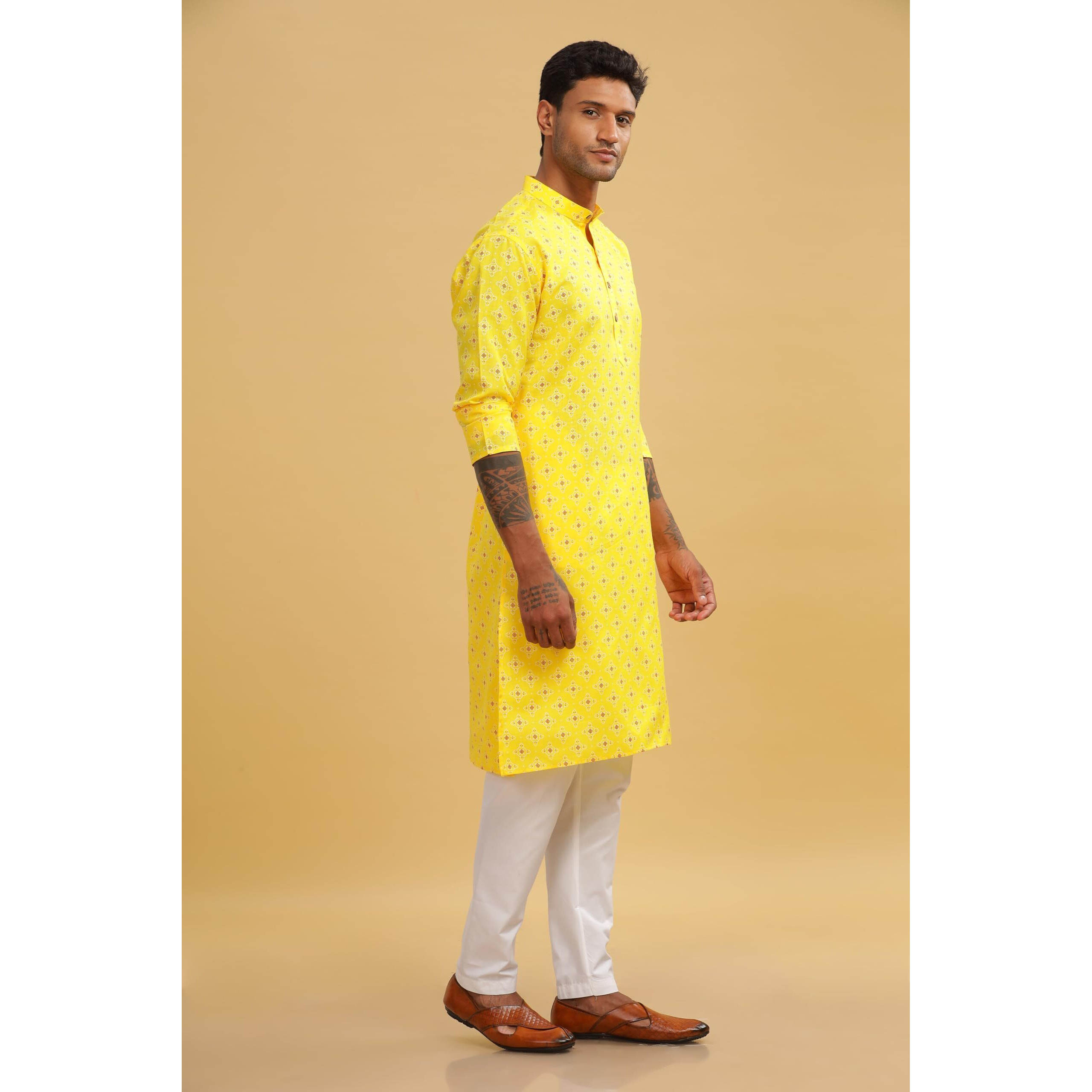 Be Active Men's Cotton Regular Kurta (C-399-1_Yellow