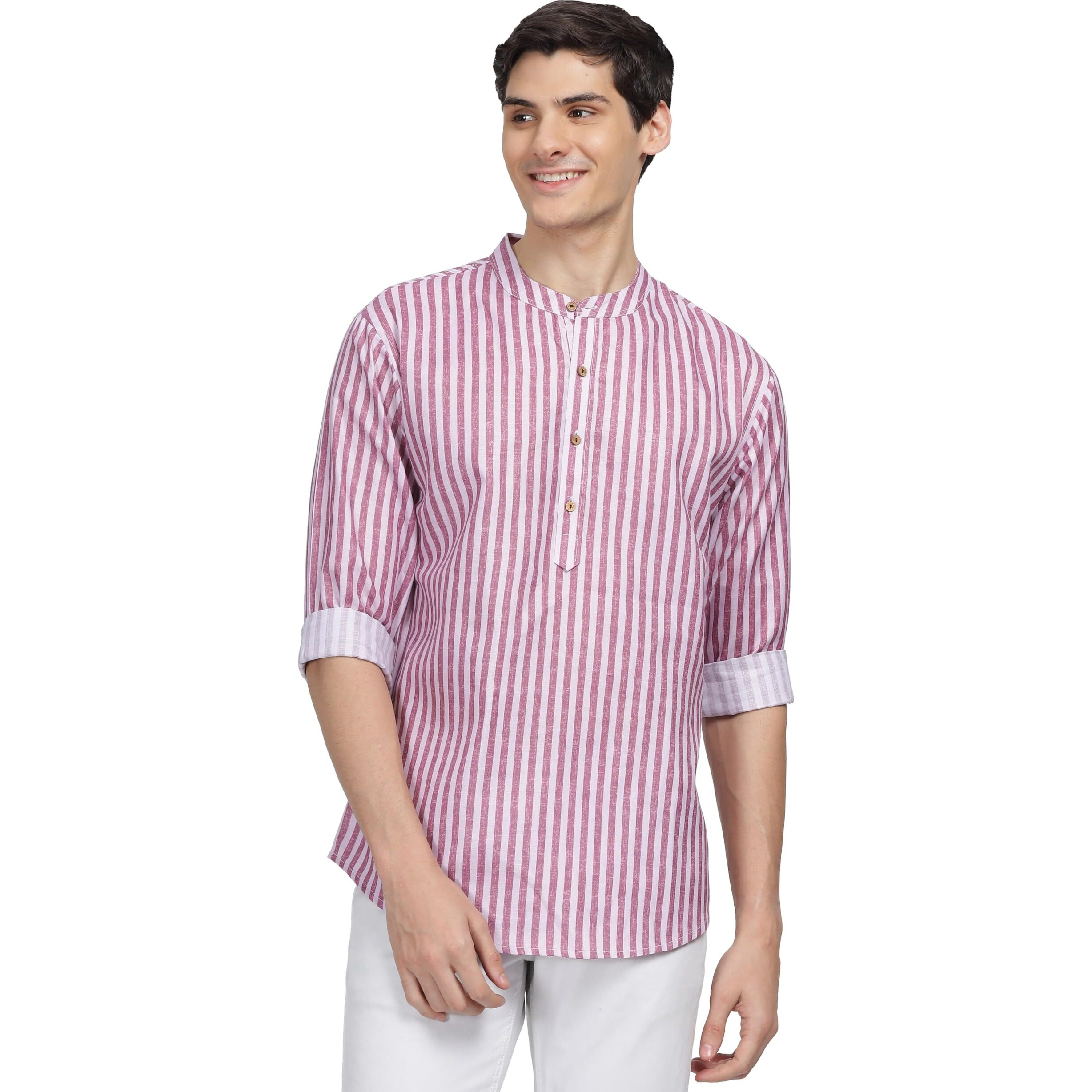 Be Active Men's Stripes Cotton Blend Short Kurta With Mandarin Collar || Short Kurta For Men Cotton || Stylish Short Kurta || Short Kurta Men (Rf0027-2-S) Pink