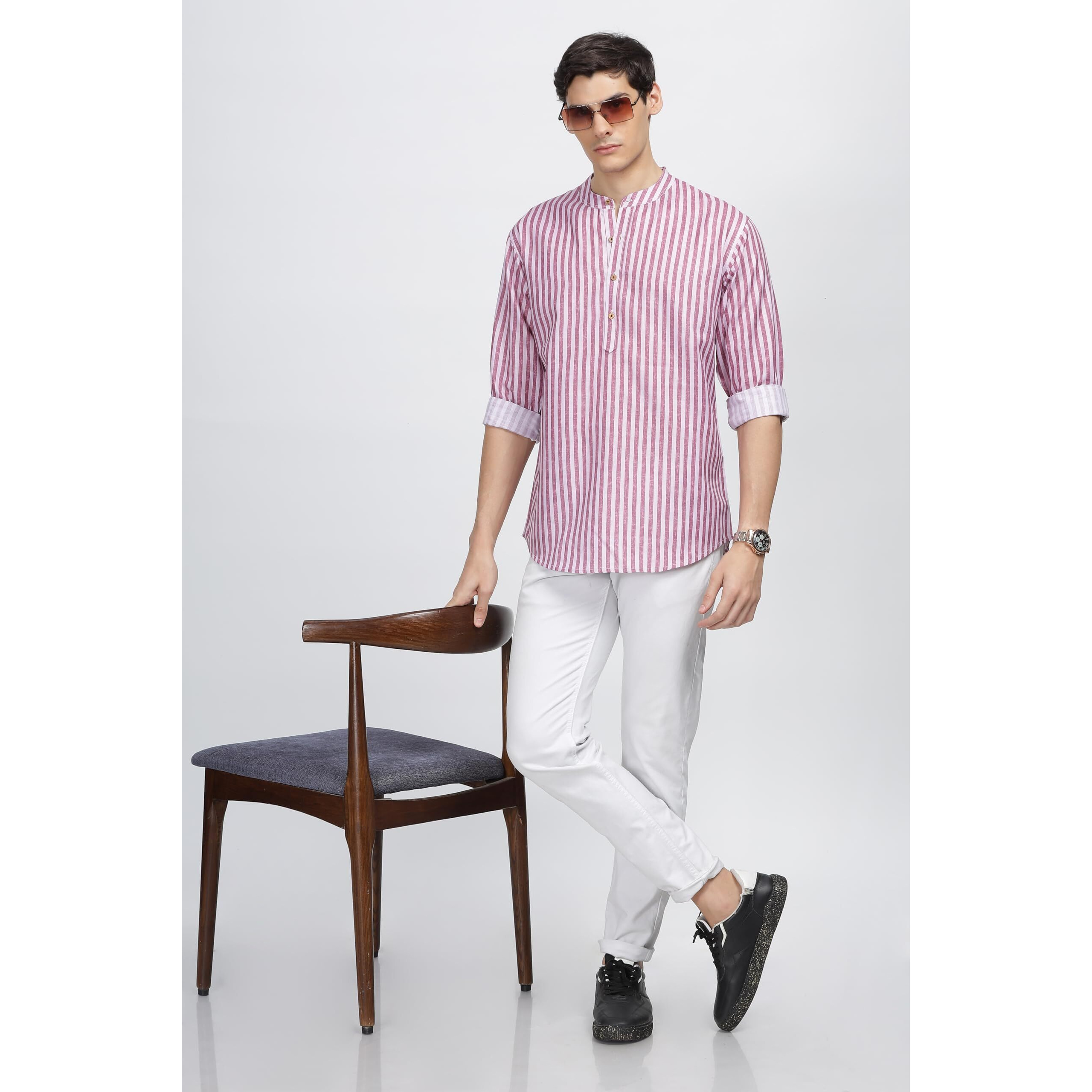 Be Active Men's Stripes Cotton Blend Short Kurta With Mandarin Collar || Short Kurta For Men Cotton || Stylish Short Kurta || Short Kurta Men (Rf0027-2-S) Pink