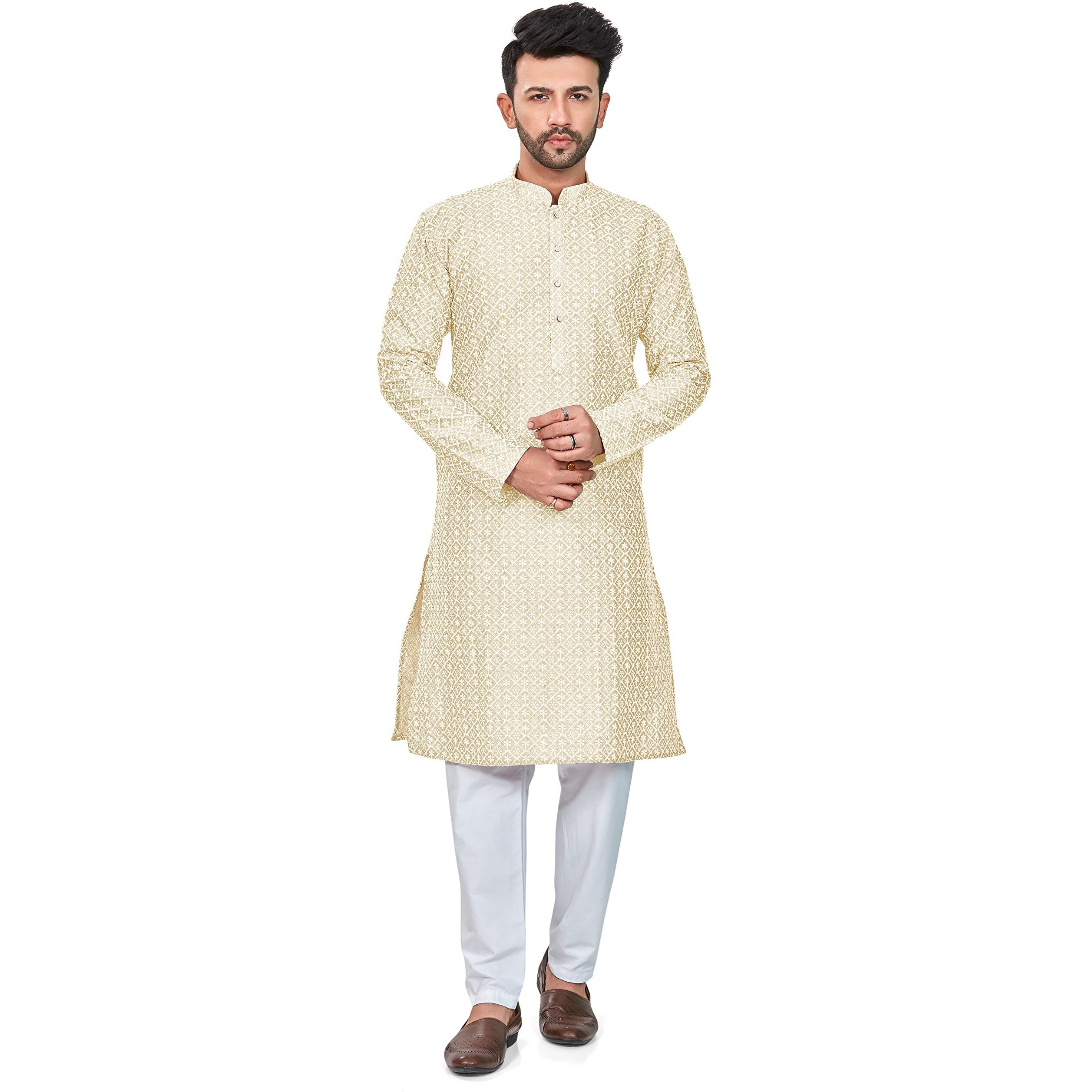 Be Active Solid Regular Men's Pure Cotton Lucknowi Kurta Pyjama Set, Sand Cream, Small (Rfsk0013 9 S