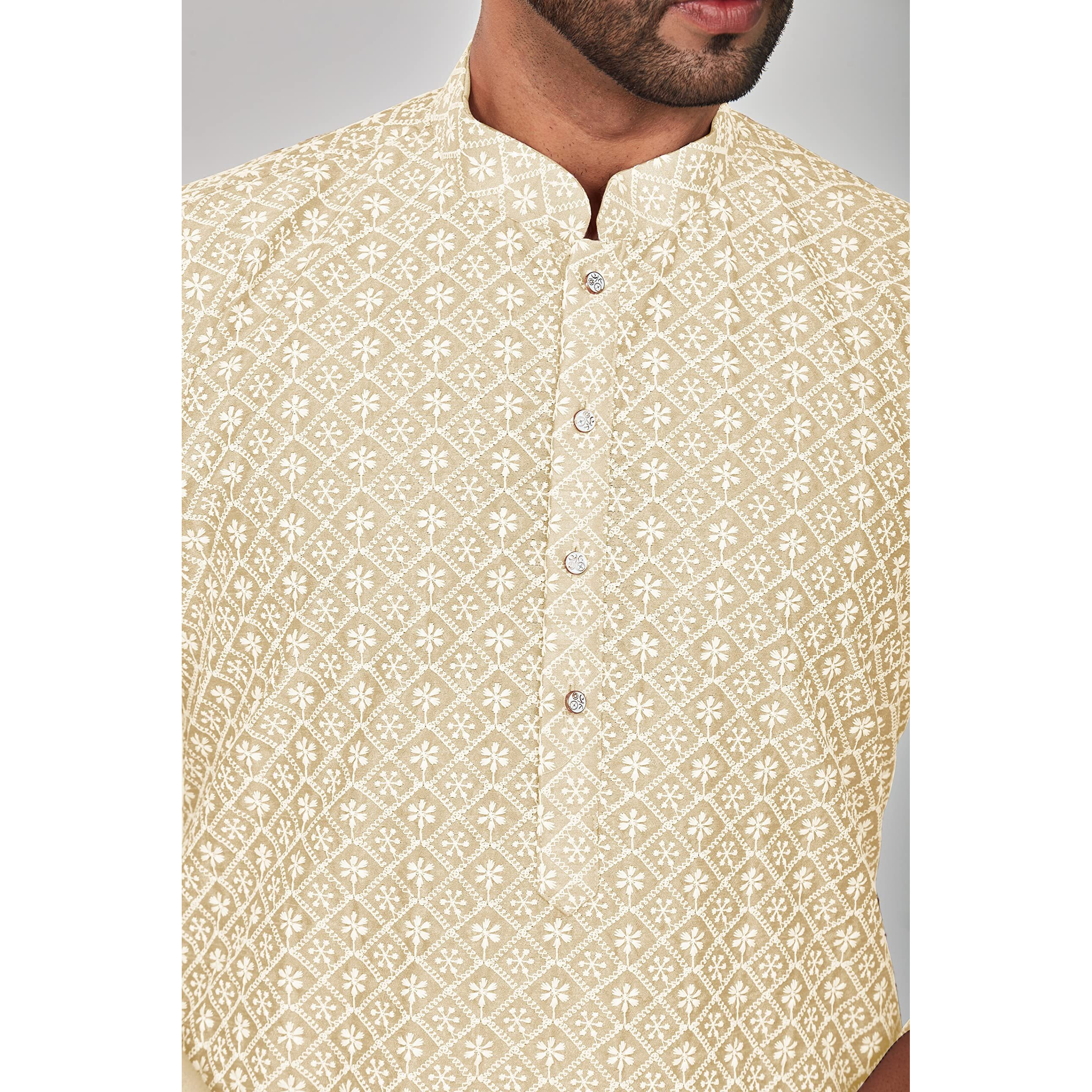 Be Active Solid Regular Men's Pure Cotton Lucknowi Kurta Pyjama Set, Sand Cream, Small (Rfsk0013 9 S