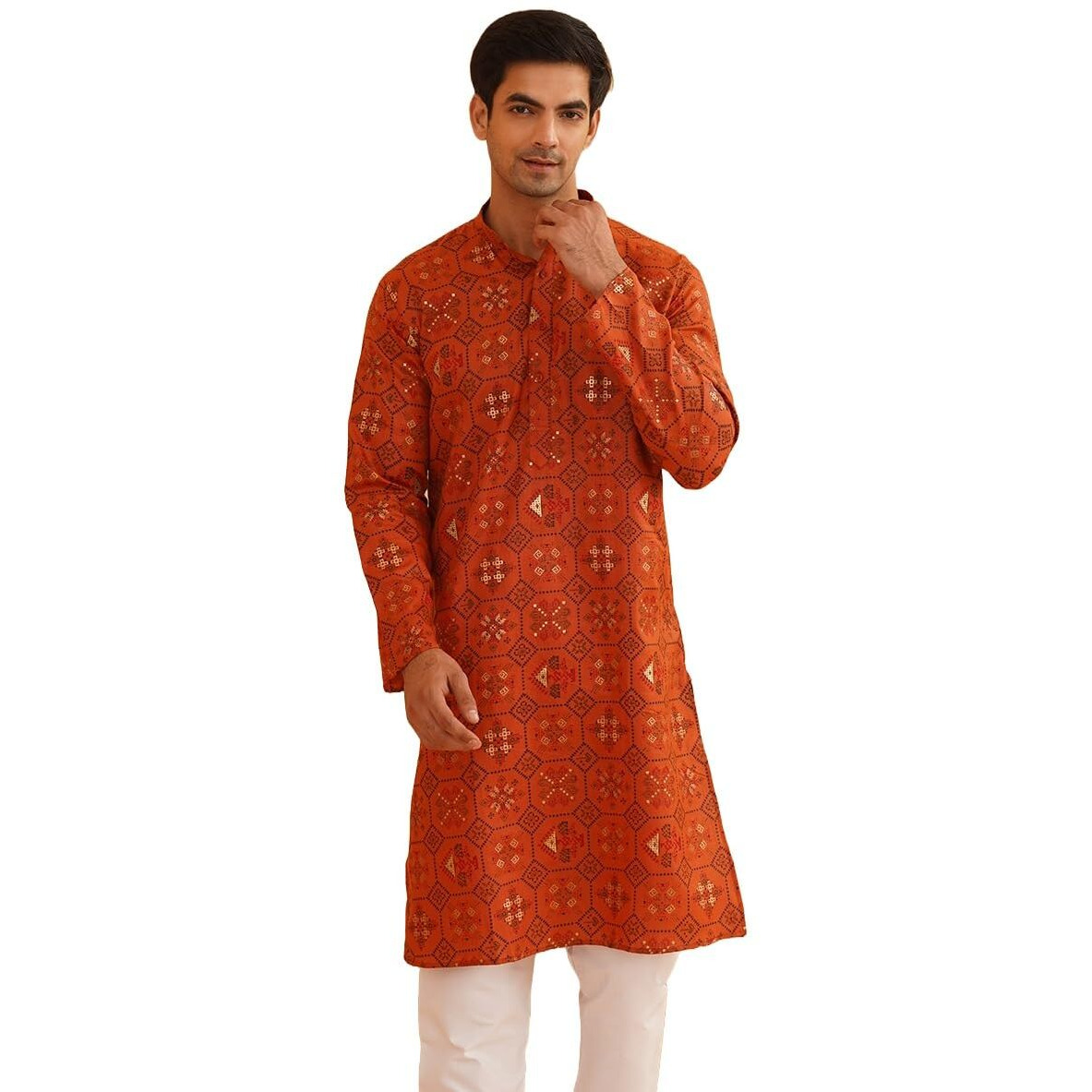 Sojanya (Since 1958 Men's Cotton Blend Printed Orange Only Long Kurta Size44