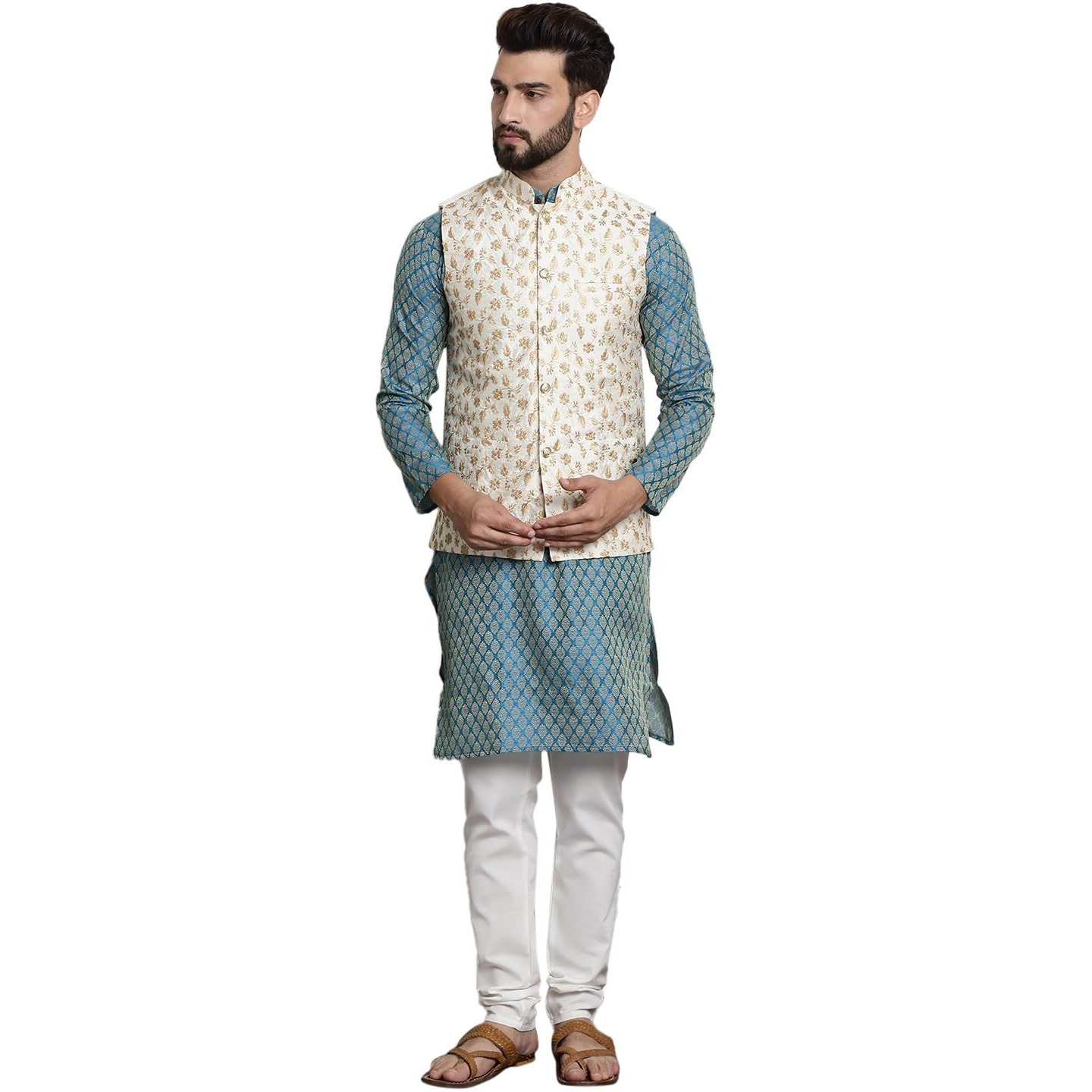 Sojanya (Since 1958 Men's Ethnic Motifs Blue Woven Design Silk Blend Kurta With Pyjamas & Cream Nehru Jacket Size-42