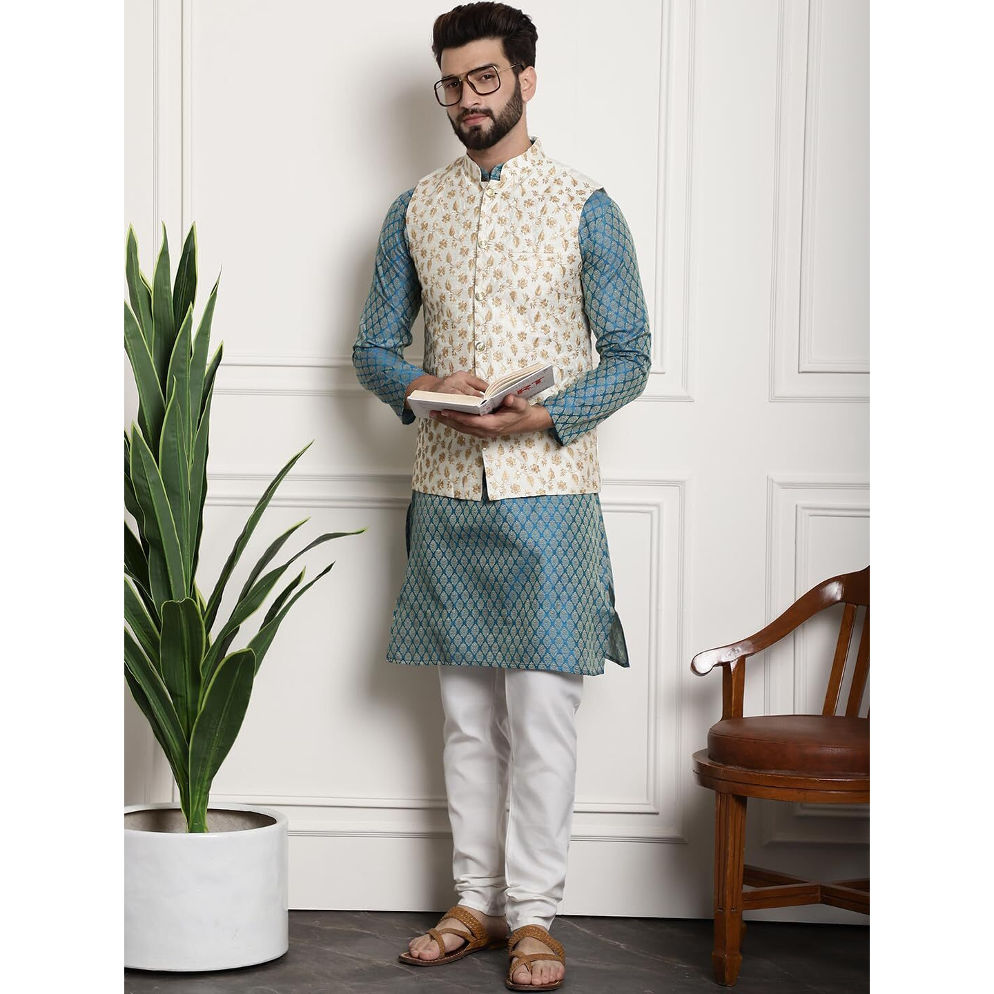 Sojanya (Since 1958 Men's Ethnic Motifs Blue Woven Design Silk Blend Kurta With Pyjamas & Cream Nehru Jacket Size-42