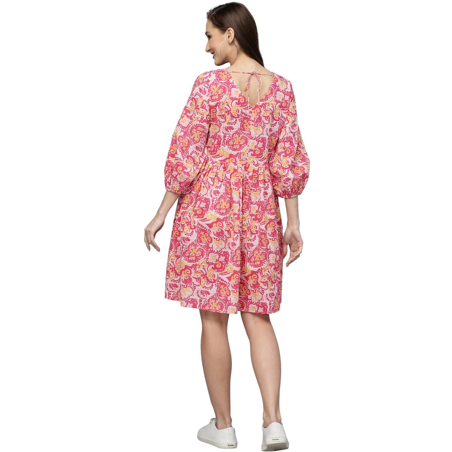 Stylum Women's Floral Printed Cotton Flared Dress (Drssoul42_Pink, Xl)