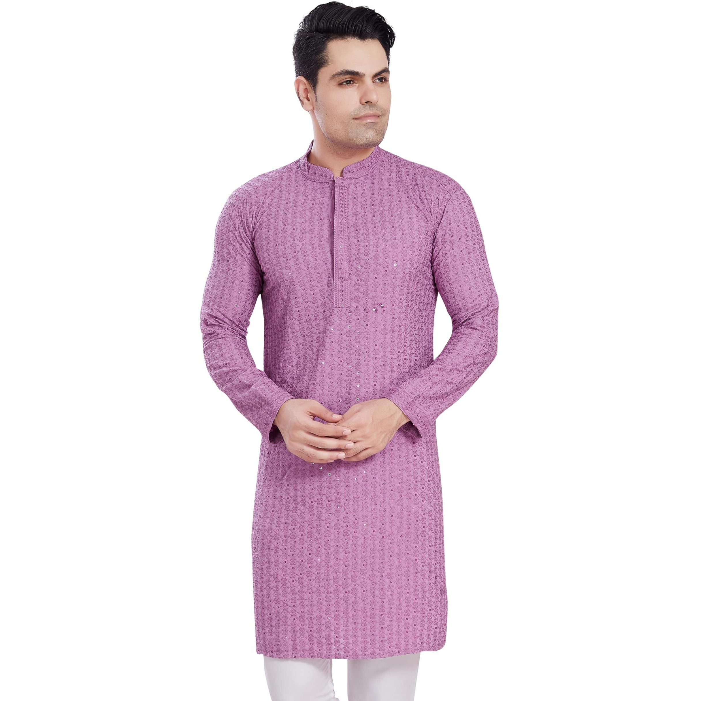 Divisive Men's Sequince Embroidered Cotton Blend Only Slim Fit Kurta (Dkrt512_L_Lavendar)