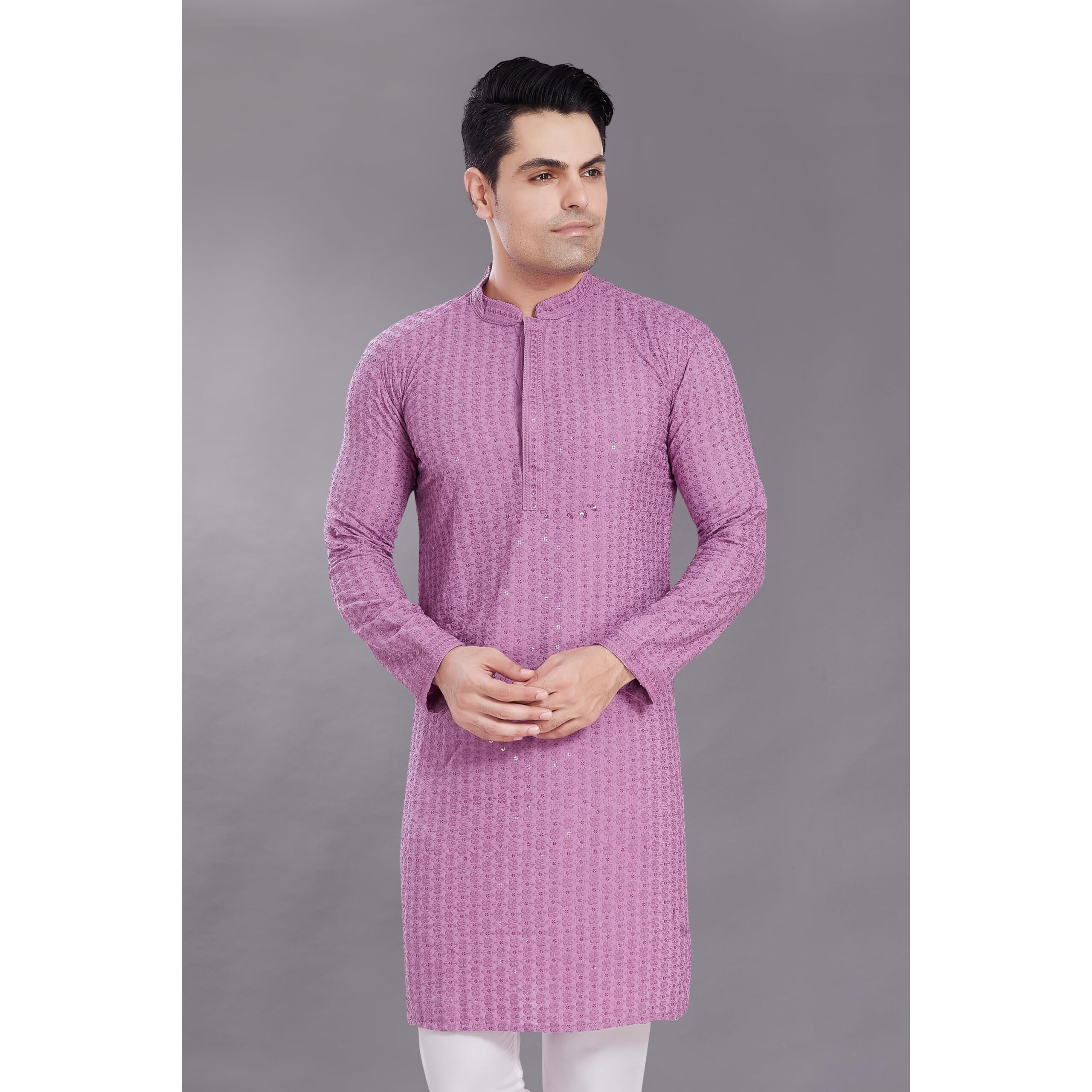 Divisive Men's Sequince Embroidered Cotton Blend Only Slim Fit Kurta (Dkrt512_L_Lavendar)