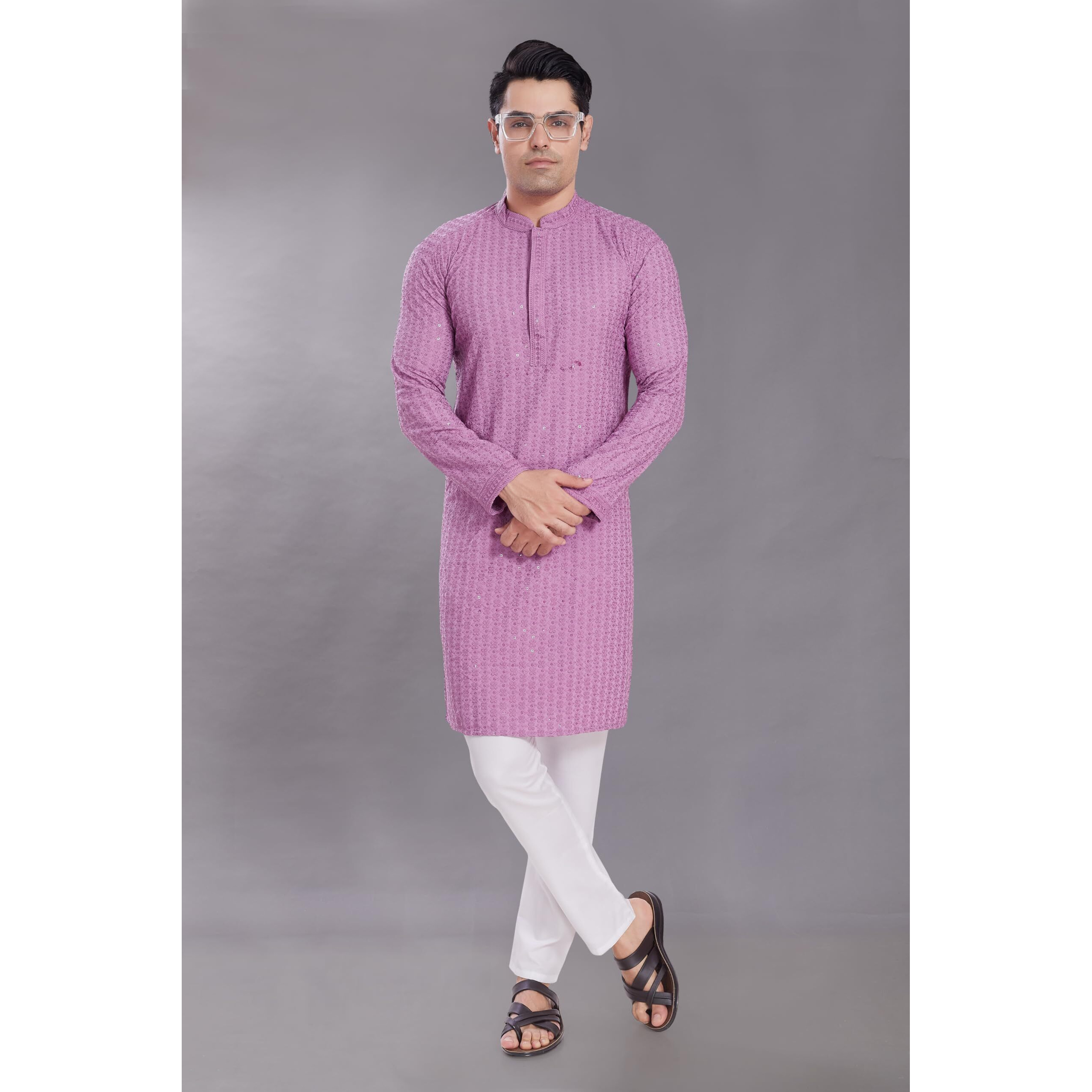 Divisive Men's Sequince Embroidered Cotton Blend Only Slim Fit Kurta (Dkrt512_L_Lavendar)