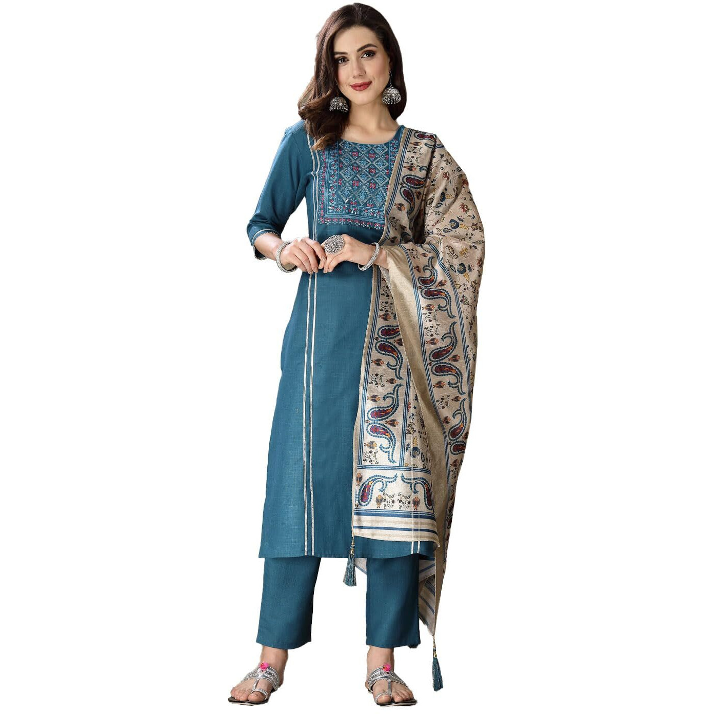 Stylum Women's Embroidered Cotton Blend Straight Kurta Pant With Dupatta (In, Alpha, Xl, Regular, Teal)