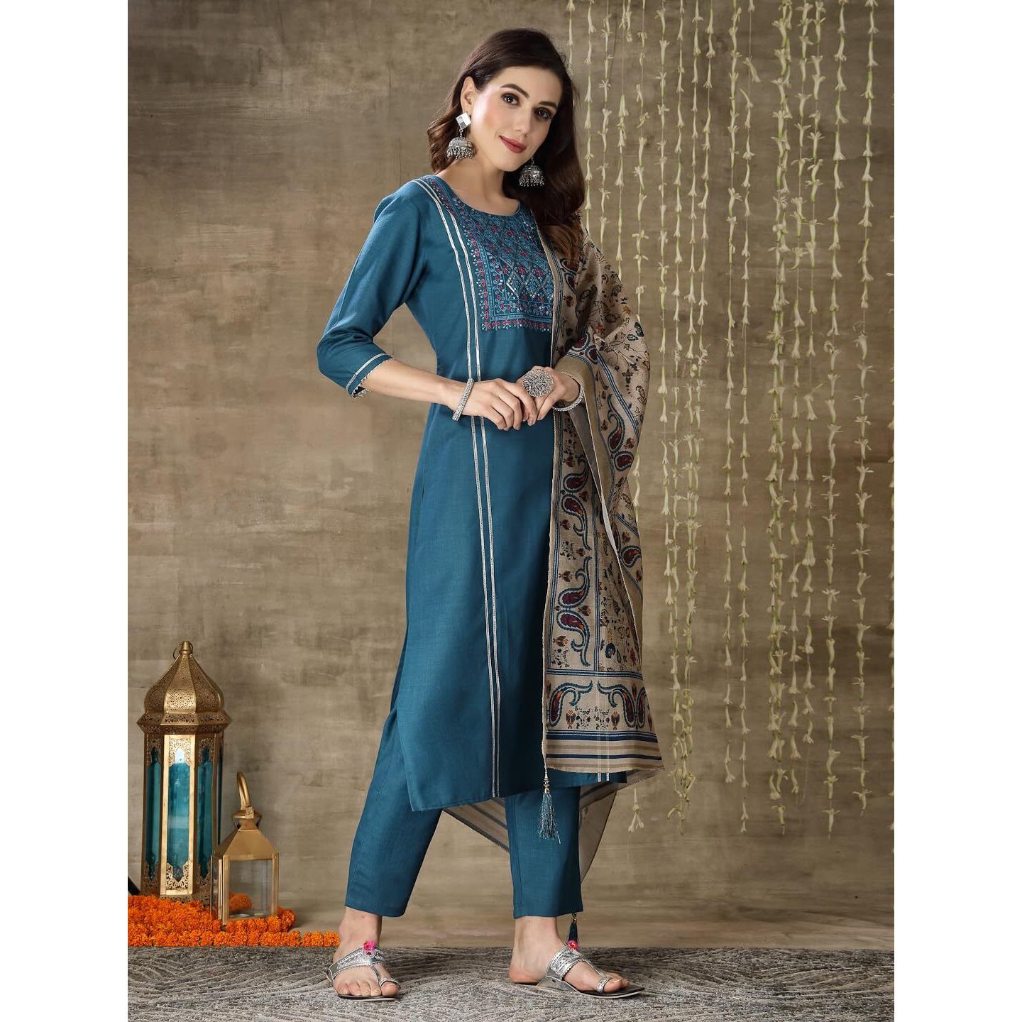 Stylum Women's Embroidered Cotton Blend Straight Kurta Pant With Dupatta (In, Alpha, Xl, Regular, Teal)