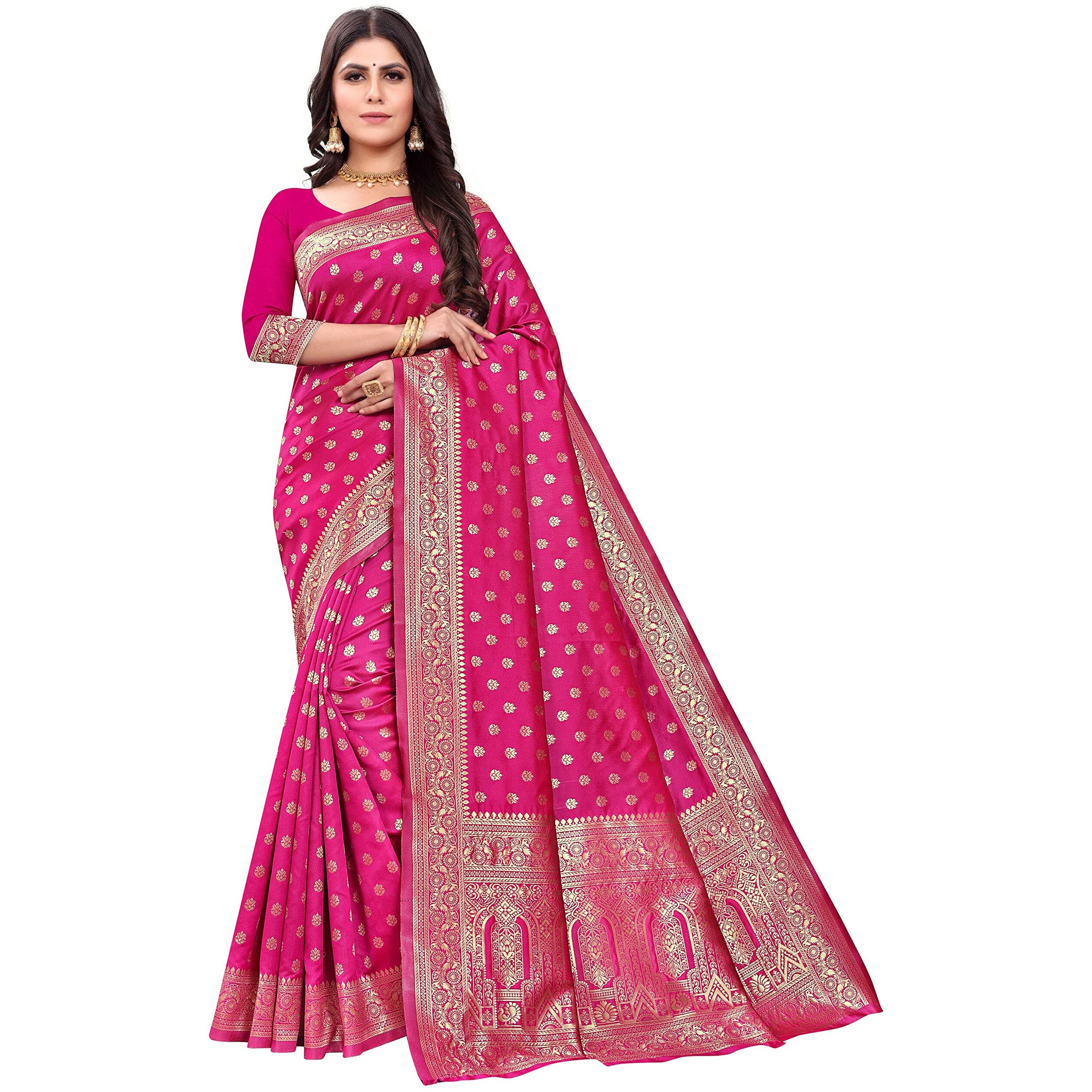 Sugathari Women's Art Silk Rani Pink Kanchipuram Saree (San Pari 124 Rani)