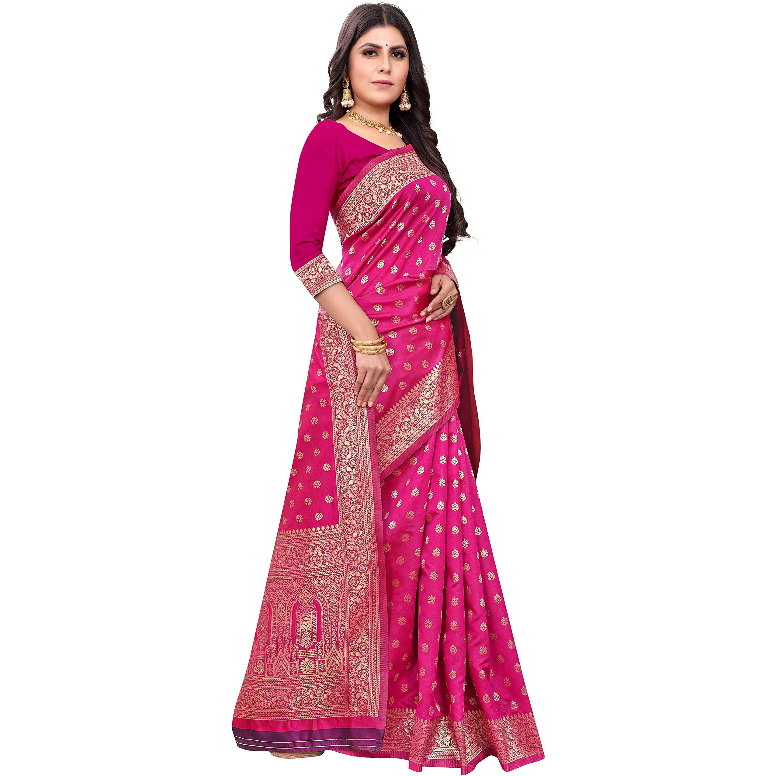 Sugathari Women's Art Silk Rani Pink Kanchipuram Saree (San Pari 124 Rani)