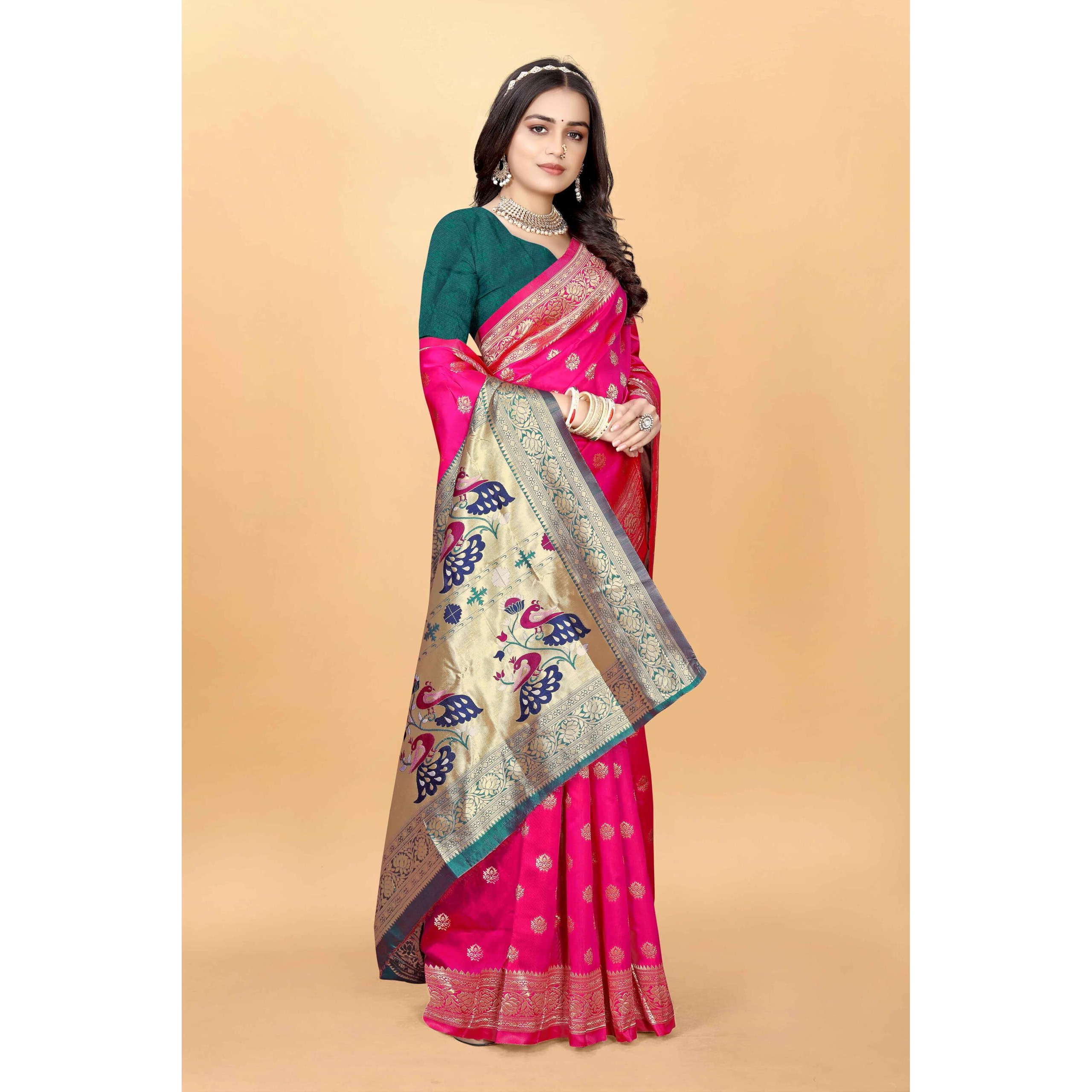 Sugathari Women's Banarasi Saree Pure Paithani Kanjivaram Silk Soft New Ladies 2024 Design Wear Pattu Sarees Latest Cotton Party Sari Collections With Blouse Piece For Wedding Sadi (Pari-205 Rani)