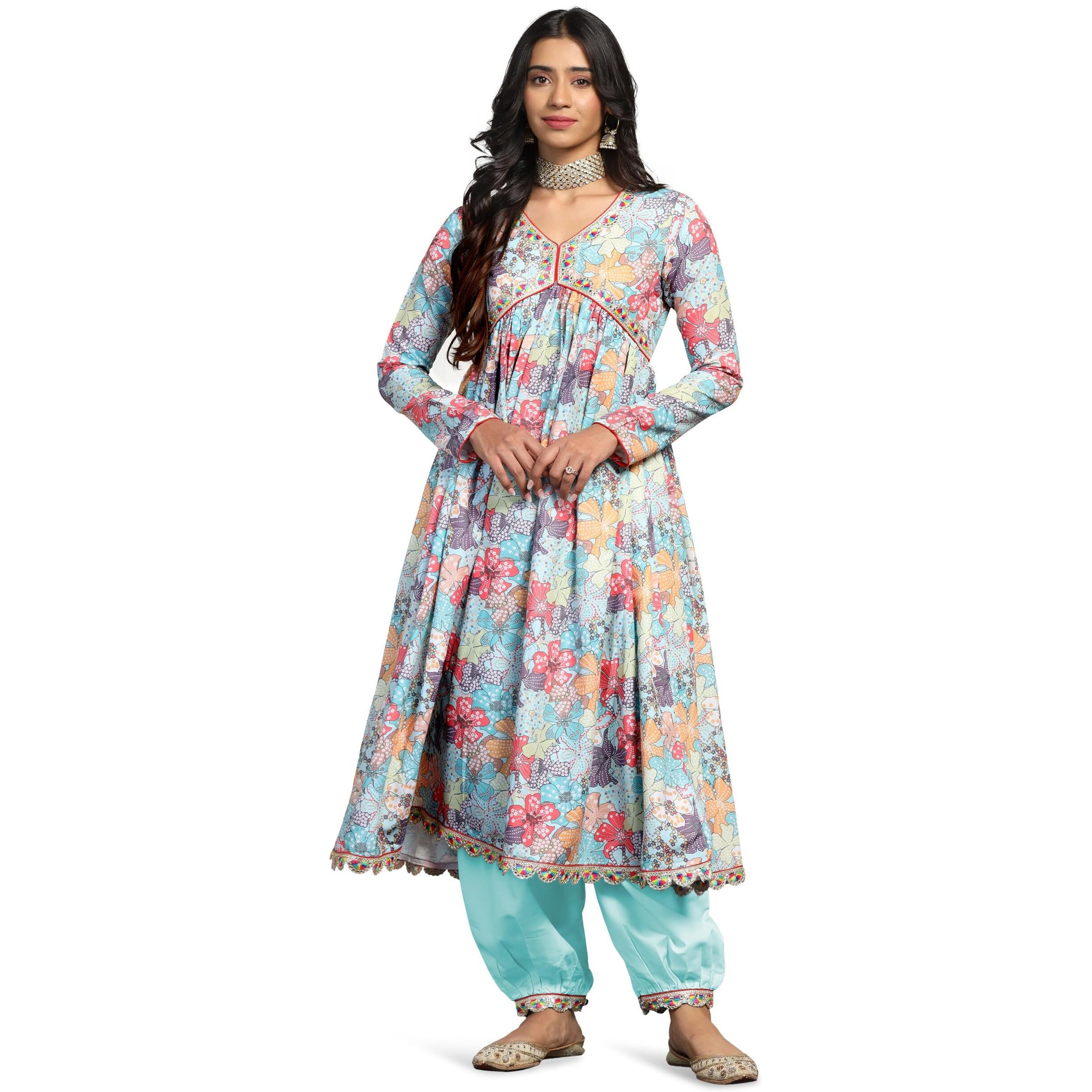 Tadkee Women Cotton Blend Printed Kurta With Pant (Fn-Aliya-Cut-Pair-119-Multi-M) Sky