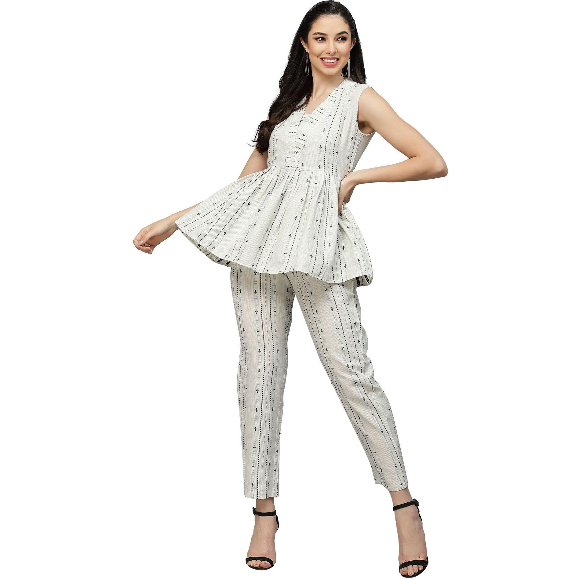 Stylum Women's Woven Design Cotton Blend Co-Ord Set (Loku44_Off White, Xxl)