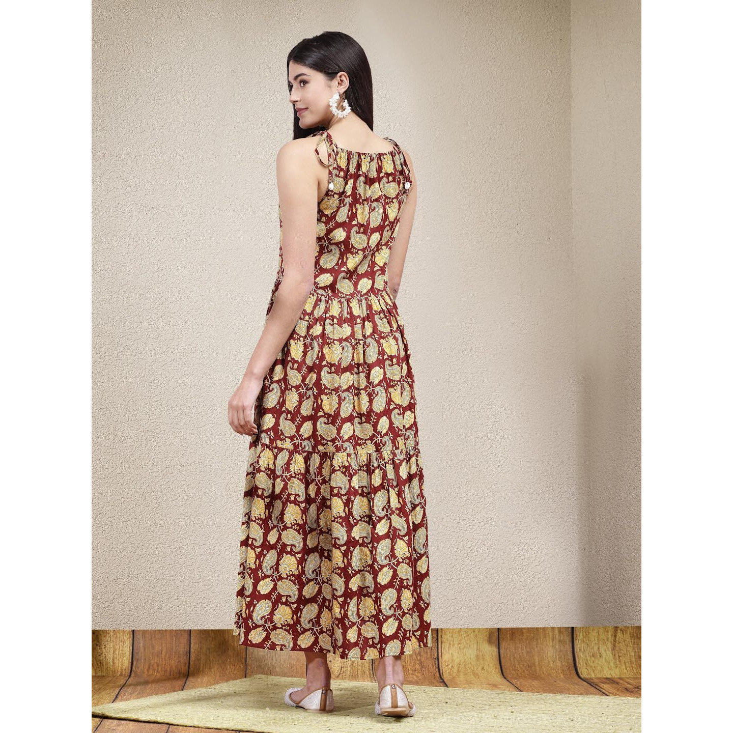 Stylum Women's Floral Printed Cotton Long Flared Dress (Drsmaroondabu38_Maroon, M)