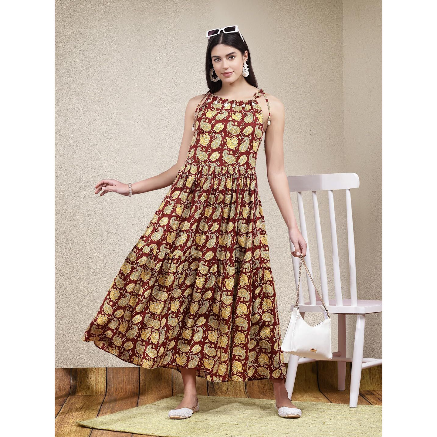 Stylum Women's Floral Printed Cotton Long Flared Dress (Drsmaroondabu38_Maroon, M)