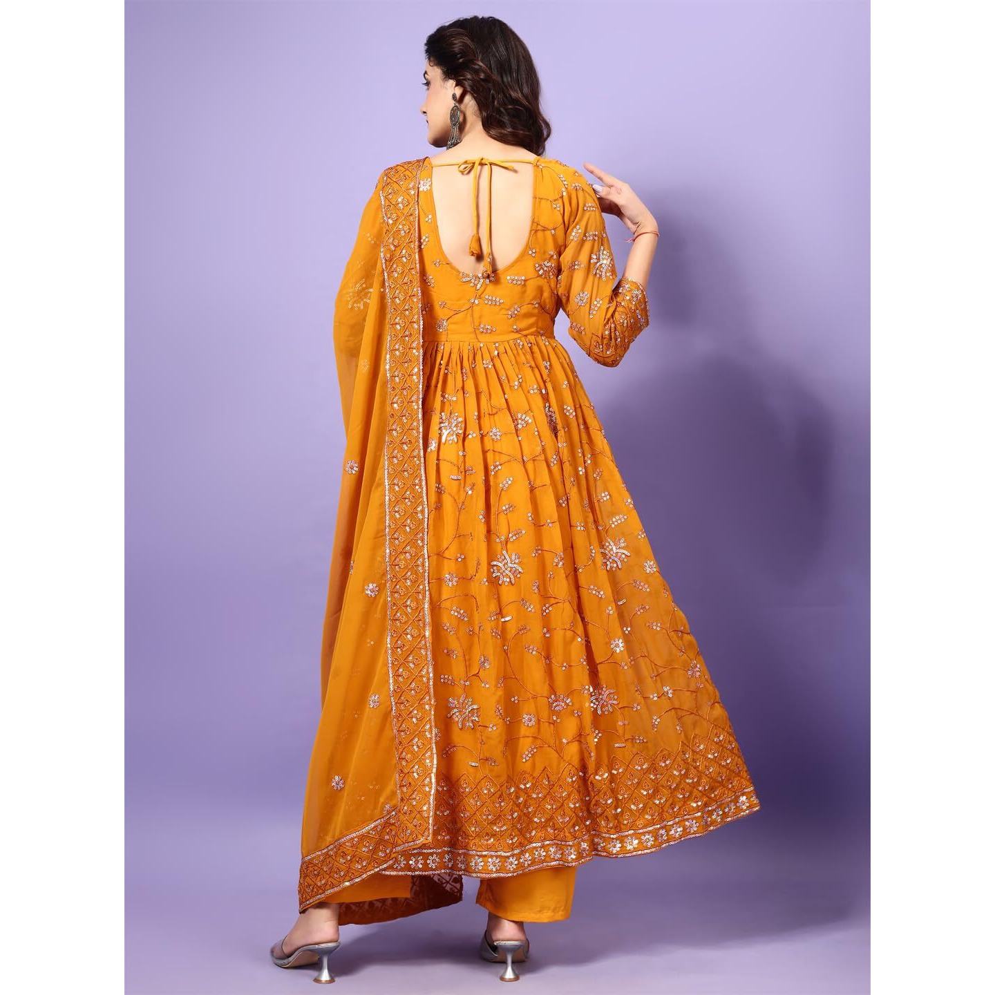 Fashion Basket Georgette Embroidered Anarkali Kurta Set For Women (In, Alpha, Xl, Regular, Yellow)