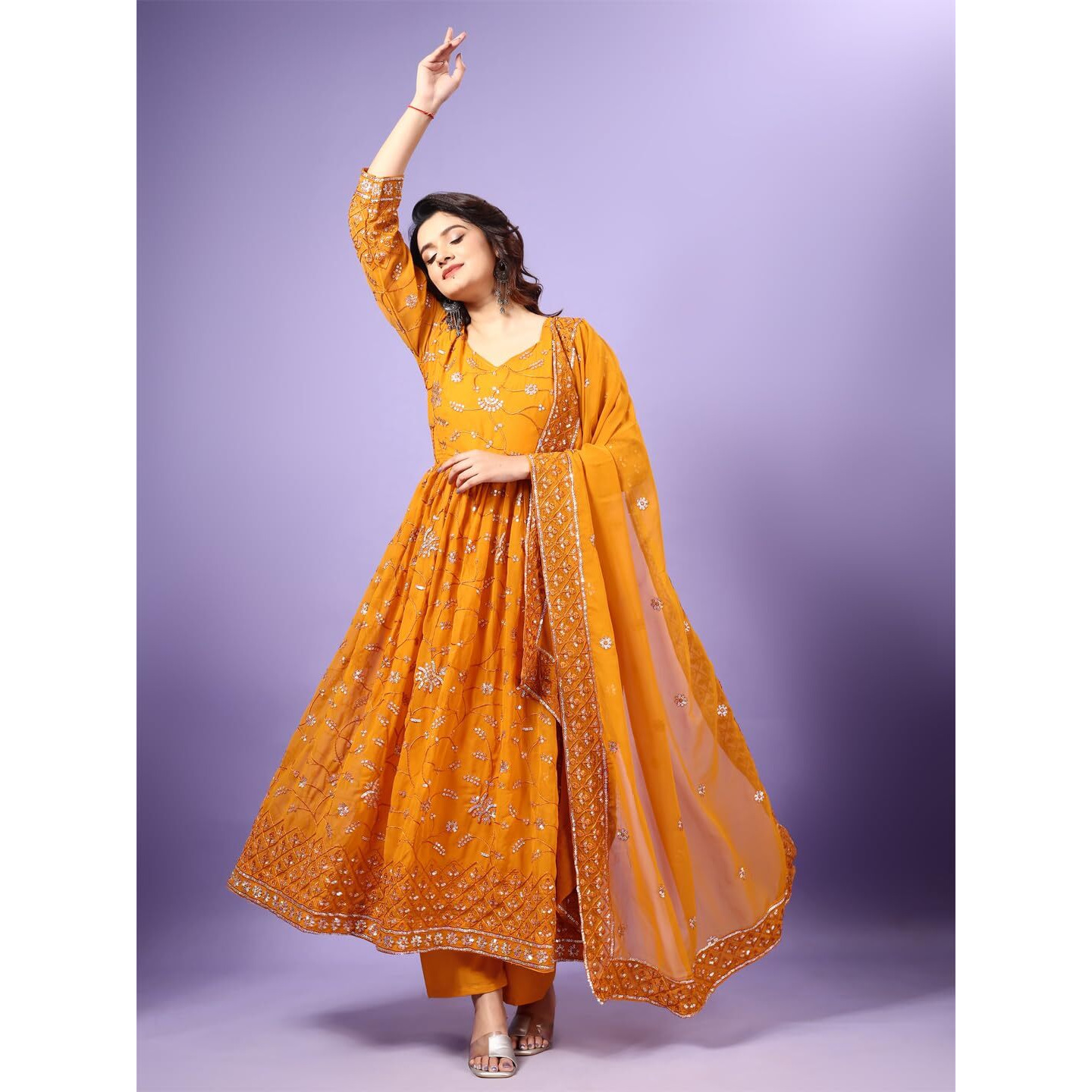 Fashion Basket Georgette Embroidered Anarkali Kurta Set For Women (In, Alpha, Xl, Regular, Yellow)