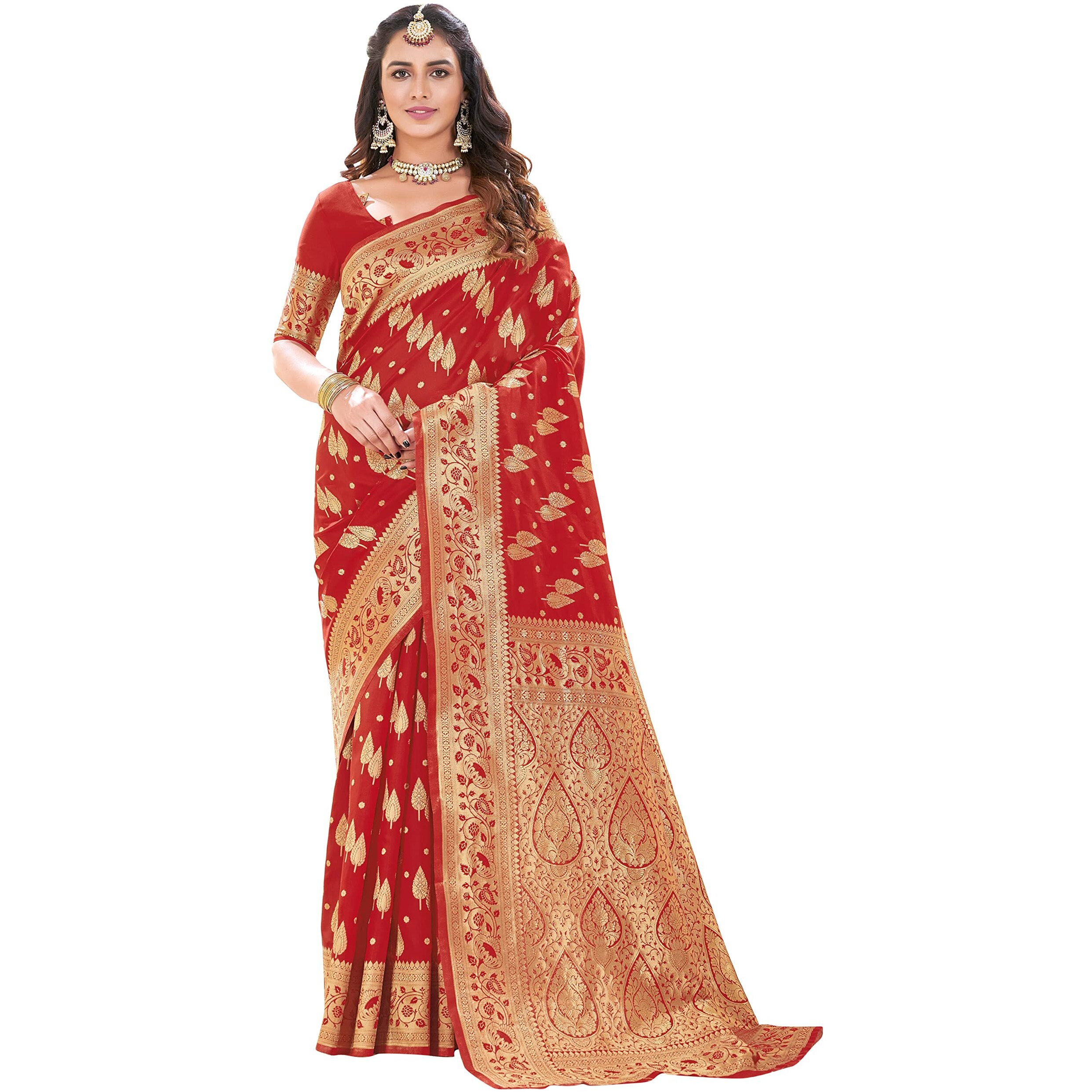 Glory Sarees Womens Banarasi Silk Saree With Blouse Piece (Kara152_Red)