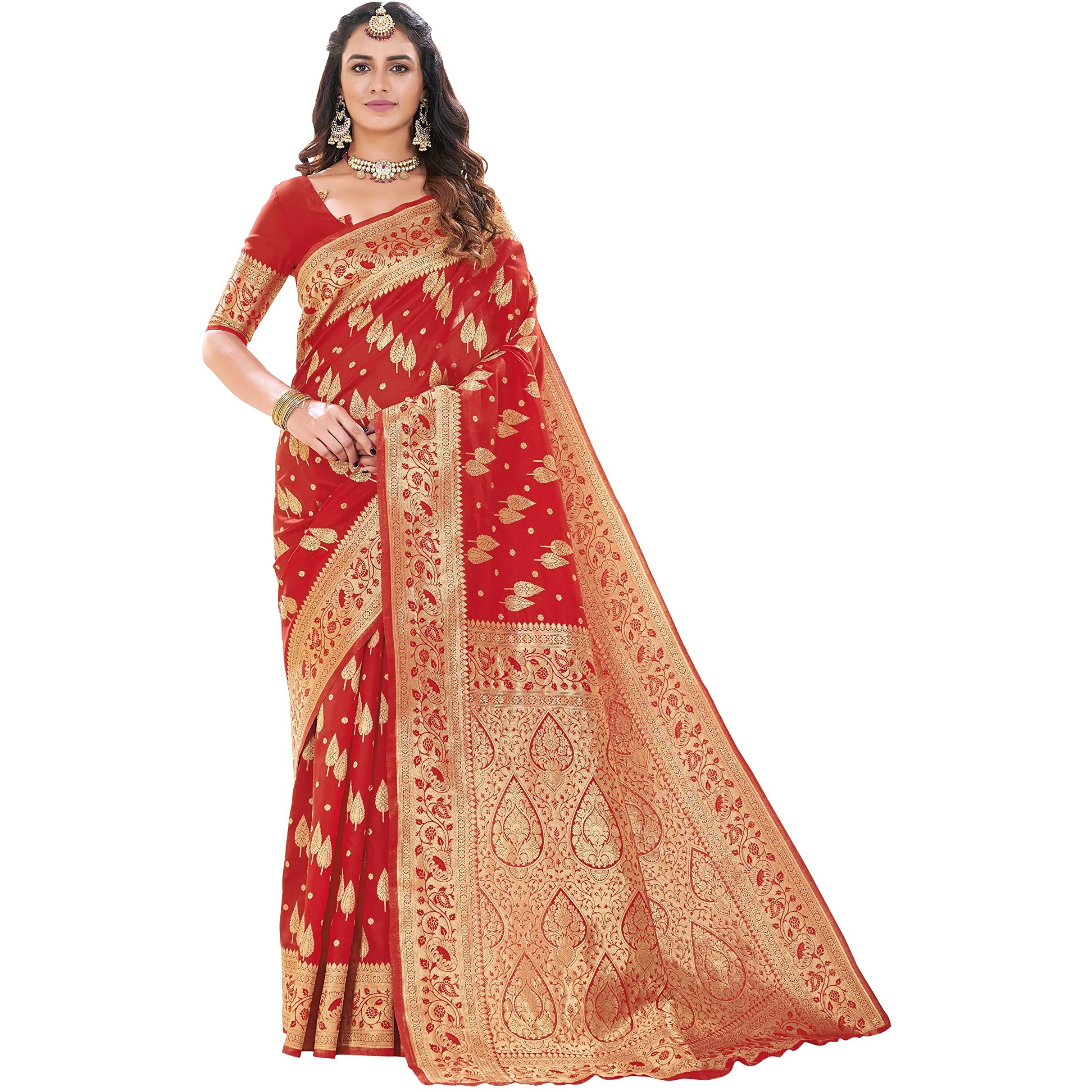 Glory Sarees Womens Banarasi Silk Saree With Blouse Piece (Kara152_Red)