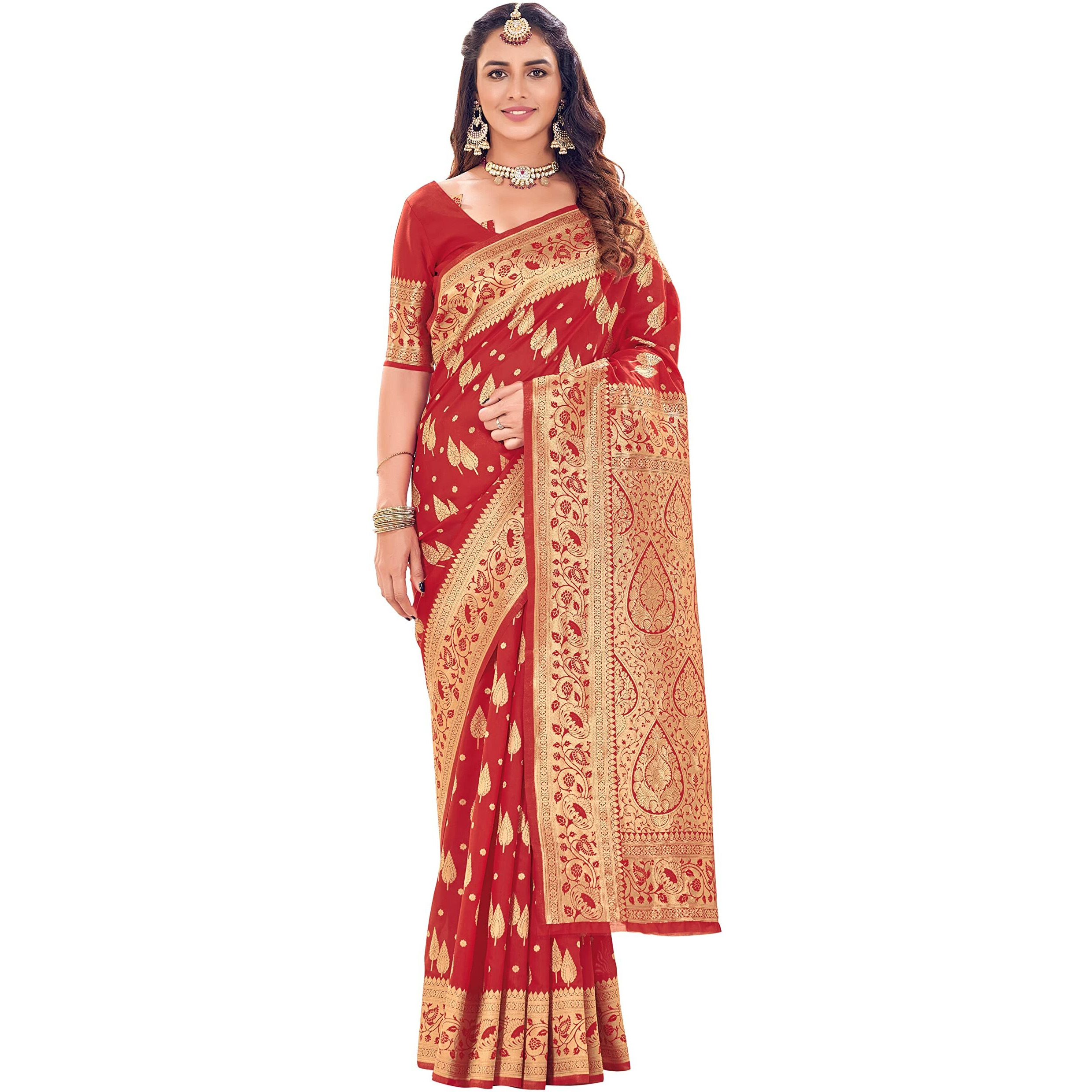 Glory Sarees Womens Banarasi Silk Saree With Blouse Piece (Kara152_Red)