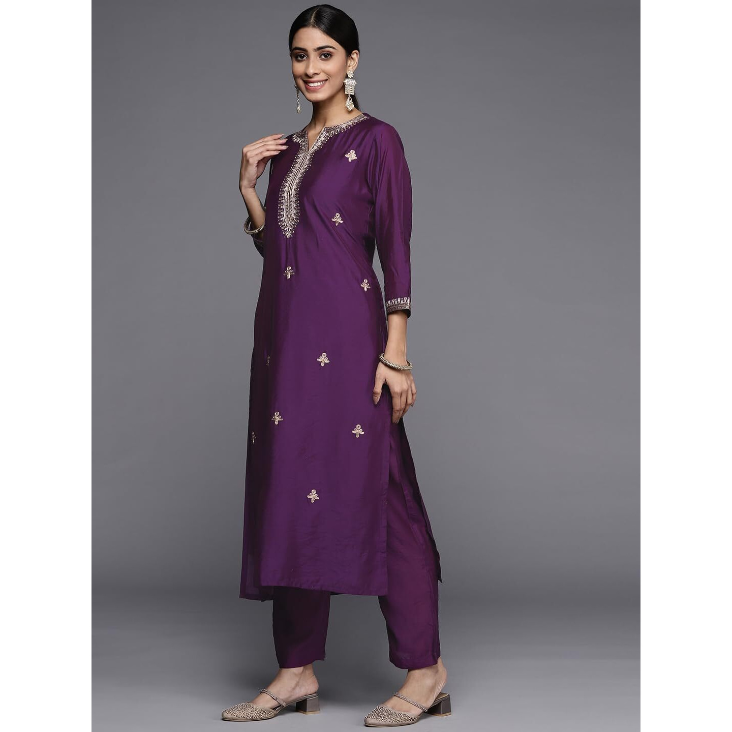 Varanga Purple Kurta With Embroidery Paired With Straight Trouser And Chiffon Dupatta