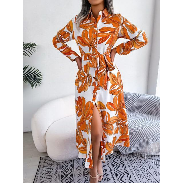 Gufrina Women's Full Sleeve Collar Neck Western Dress - Floral Print Maxi Dress With Slit And Tie-Up Belt (Orange L)