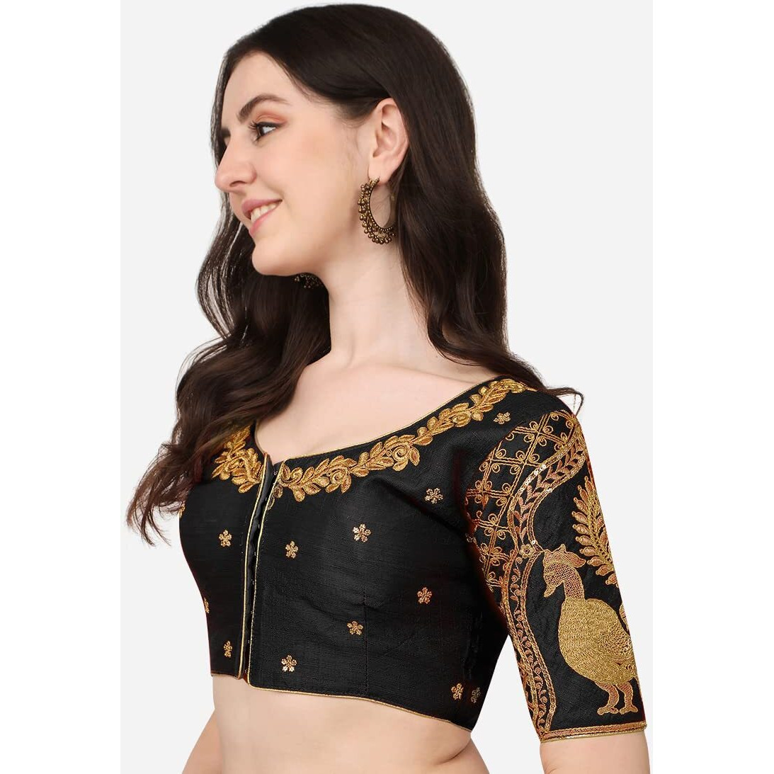 Pujia Mills Women's Phantom Silk Peacock Half Sleeve Saree Blouse (Mor Blouse Variation_Black_38 Size+Margin)