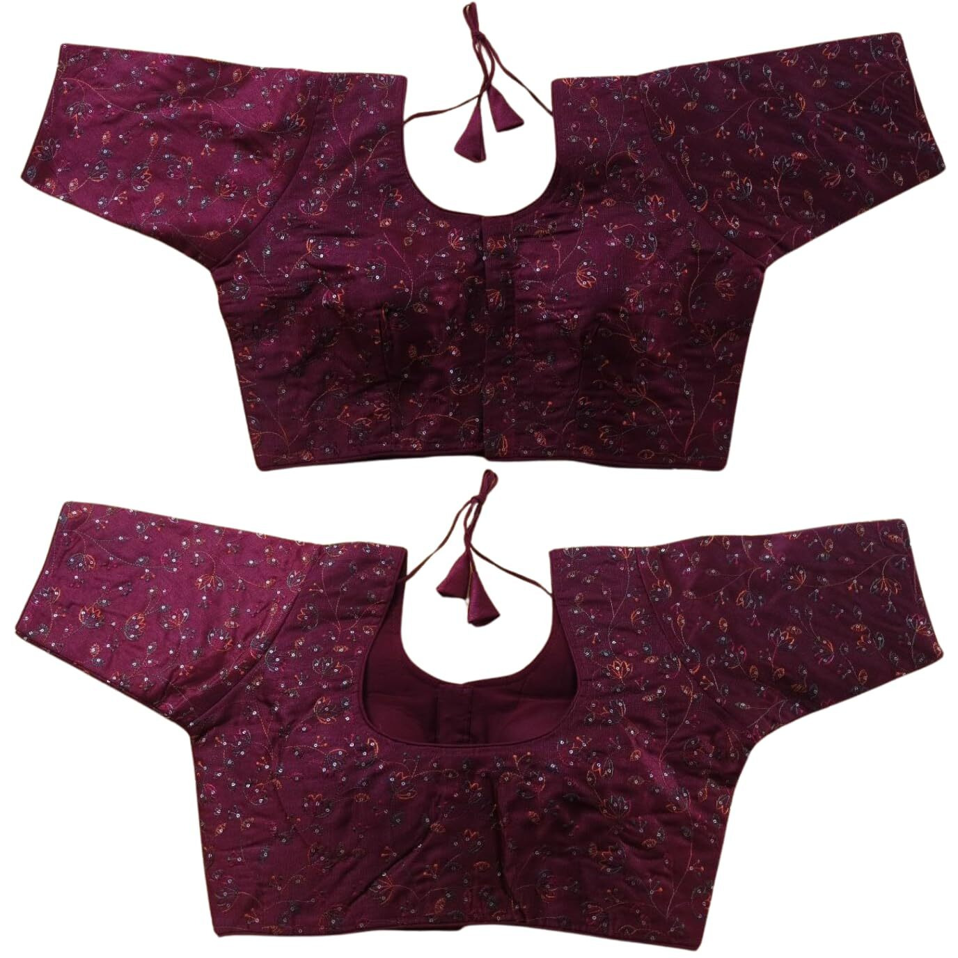 Vihu Fashion Women's Sequence Multi Embroidered U Neck Half Sleeve Readymade Saree Blouse Indian Ethnic Designer Stitched Women's Readymade Half Sleeve Blouse Readymade Wine Blouse For Women