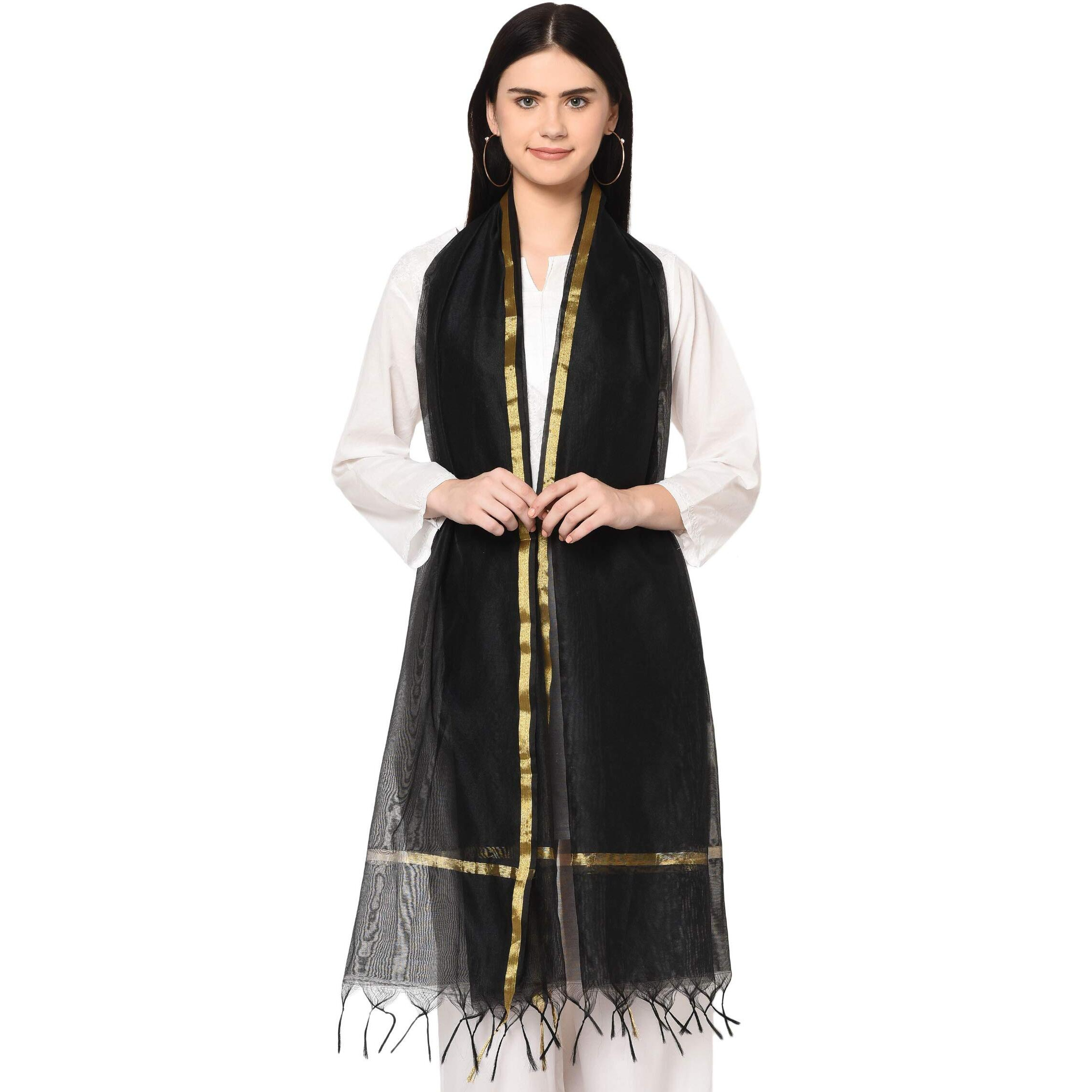 Weavers Villa Women's Banarasi Poly Silk Plain Dupatta (Black, 2.25 M)