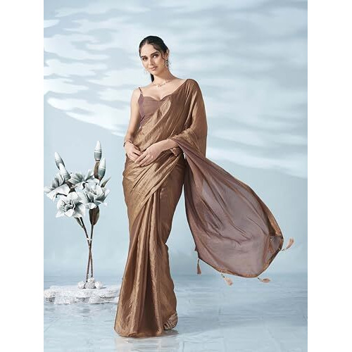 Womanista Women's Satin Two Tone Saree (Ti6707_Camel Brown)