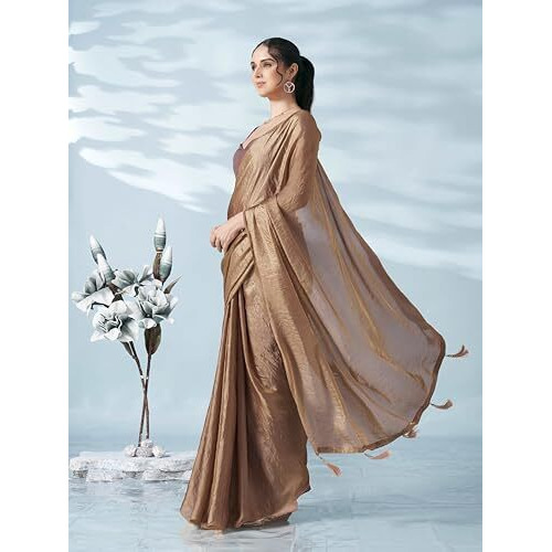 Womanista Women's Satin Two Tone Saree (Ti6707_Camel Brown)