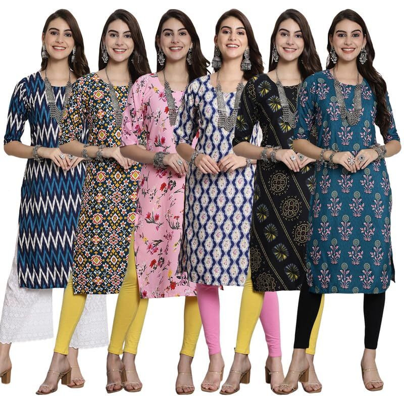 Pinkmint Festival Wear Printed Crepe Kurti's For Women's Ll Ethnic Kurti Ll Comfortable Kurti (Pack Of 6)