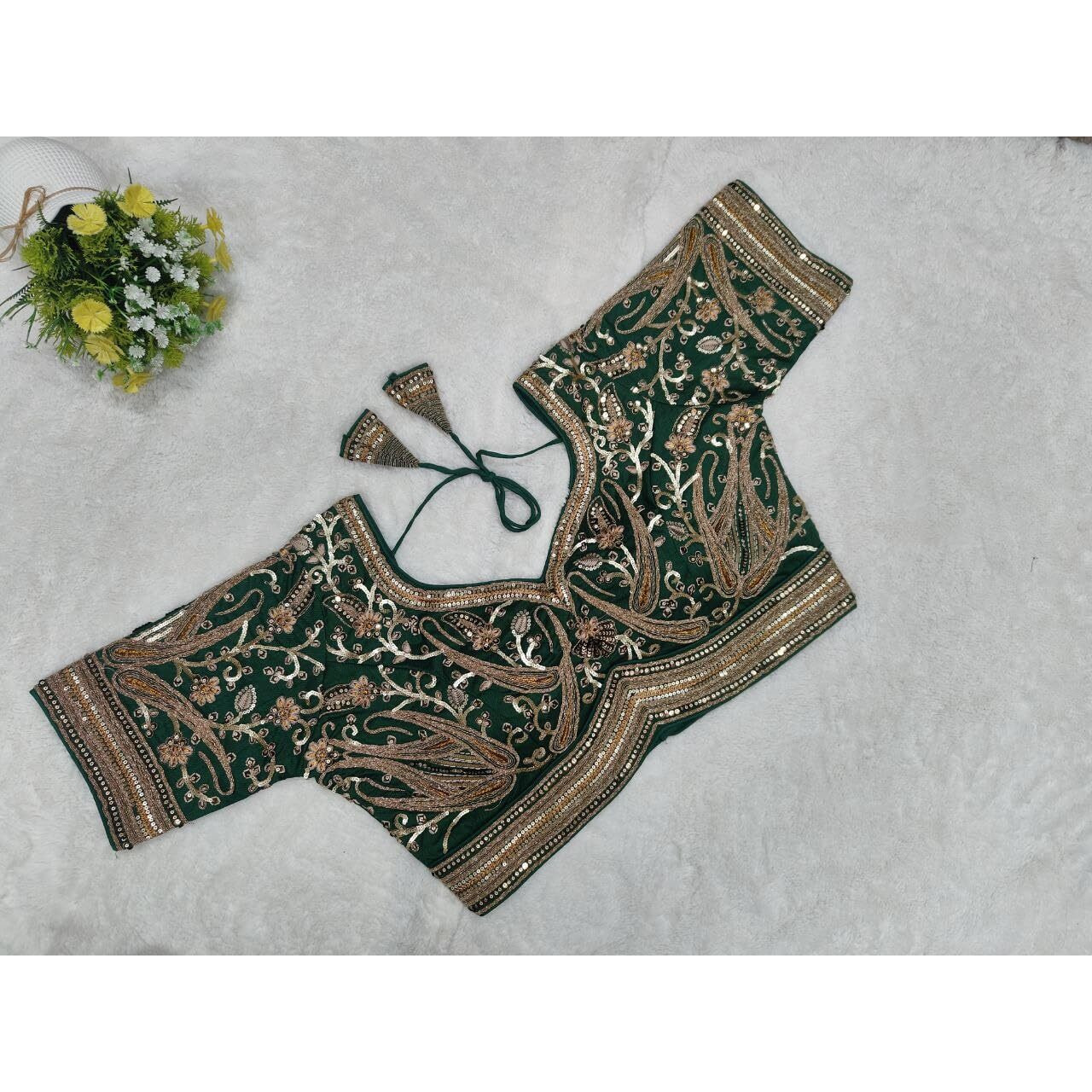 Pujia Mills Womens Embroidery Readymade Bridal Blouse Copper Coding Glitter Sequence Thread Work Indian Ethnic Designer Stitched Half Sleeve Readymade Green Blouse For Women Saree Bridal Lehenga Choli