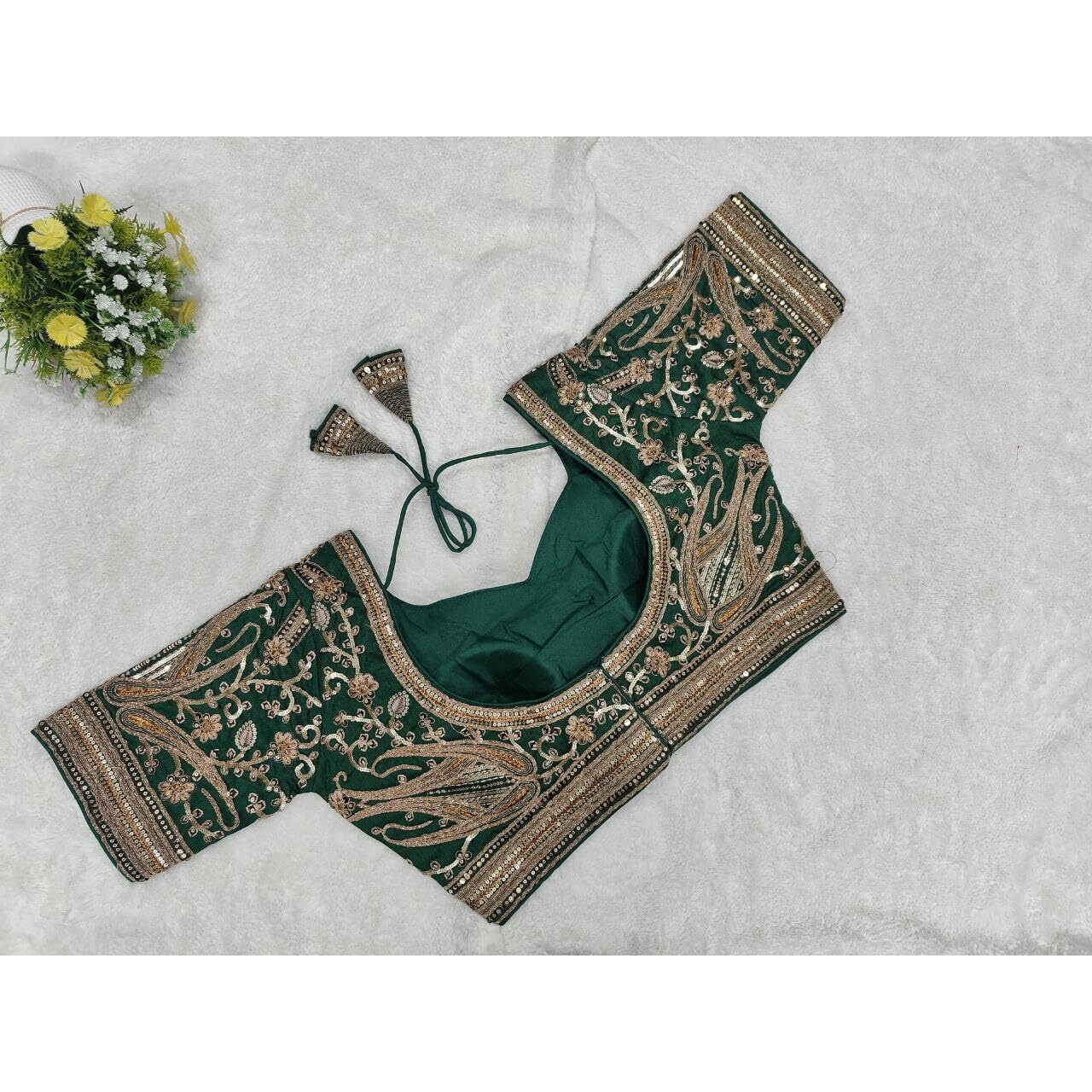 Pujia Mills Womens Embroidery Readymade Bridal Blouse Copper Coding Glitter Sequence Thread Work Indian Ethnic Designer Stitched Half Sleeve Readymade Green Blouse For Women Saree Bridal Lehenga Choli