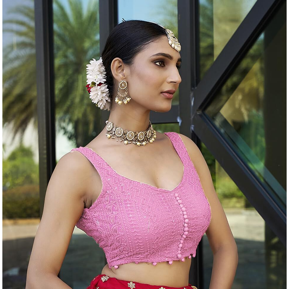 Pujia Mills Women's Readymade Fancy Blouse Embroidery Lucknowi Work Sequence Work Indian Ethnic Designer Sleeveless Blouse Readymade Sweetheart Neck Blouse Baby Pink For Women Saree Lehenga Choli