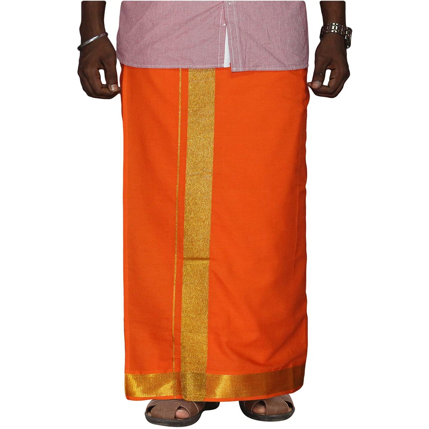 Prakasam Cotton Men's Orange Colour 2 Inch Gold Jari Border Welcro Pocket Dhoti/Size Hip -38 Inches- Length- 42 Inches