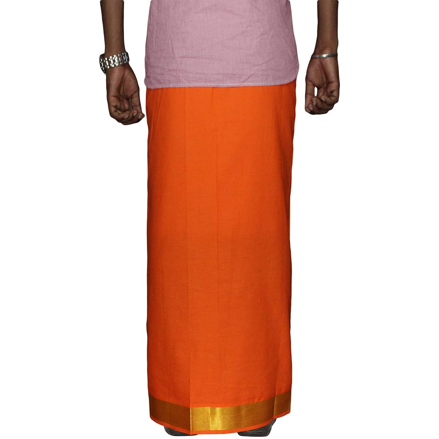 Prakasam Cotton Men's Orange Colour 2 Inch Gold Jari Border Welcro Pocket Dhoti/Size Hip -38 Inches- Length- 42 Inches