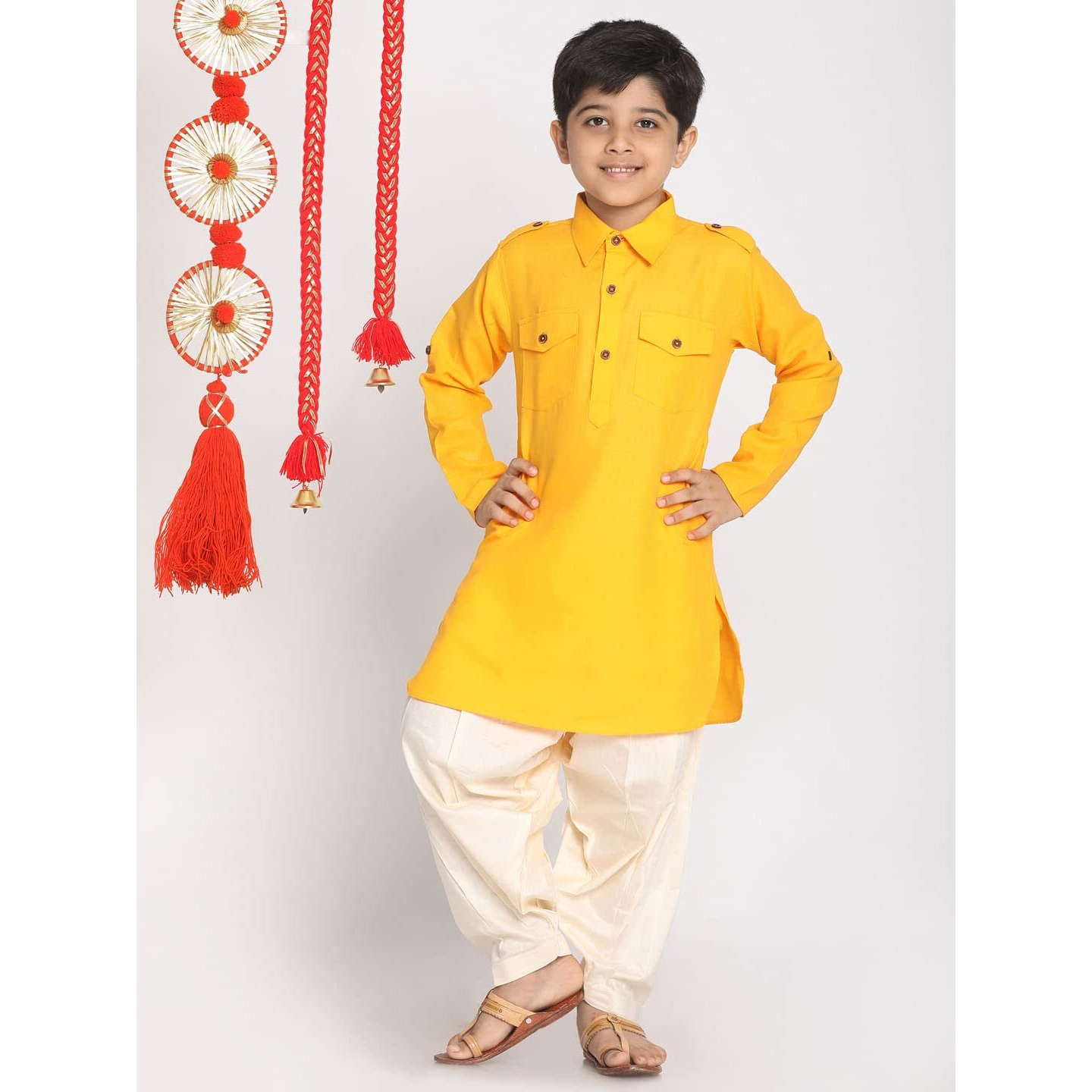 Jbn Creation Boys' Yellow Cotton Blend Pathani Suit Set