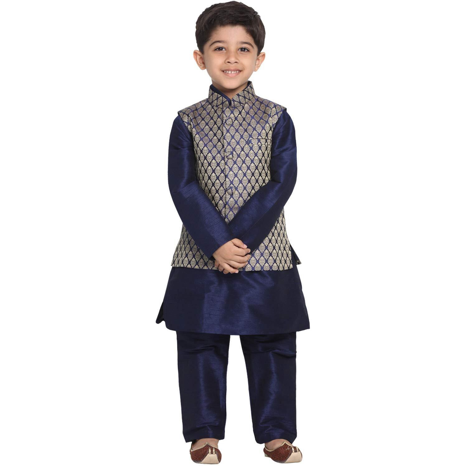 Jbn Creation Boys Silk Blend Navy Blue And Gold Kurta Pyjama Jacket Set - Ethnic For Festivals_Vasnbj005Bunbknb001Npnb_22