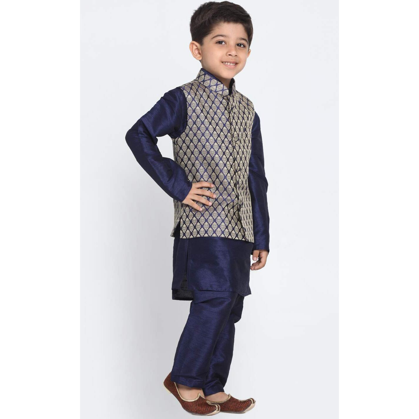 Jbn Creation Boys Silk Blend Navy Blue And Gold Kurta Pyjama Jacket Set - Ethnic For Festivals_Vasnbj005Bunbknb001Npnb_22