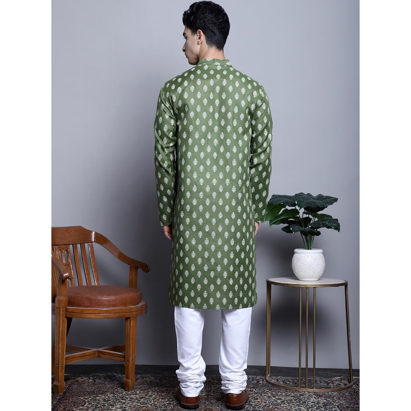 Jompers Men's Cotton Floral Printed Kurta Pyjama Set (Olive, M)