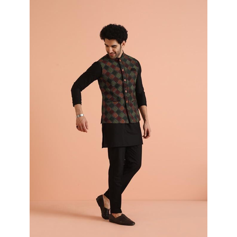 Kisah Cotton Blend Kurta Jacket Trouser Set For Men | Nehru Jacket Waistcoat Kurta Set With Trousers | Mens Ethnic Collections-Ka-0863-5207-T303-40-Multi
