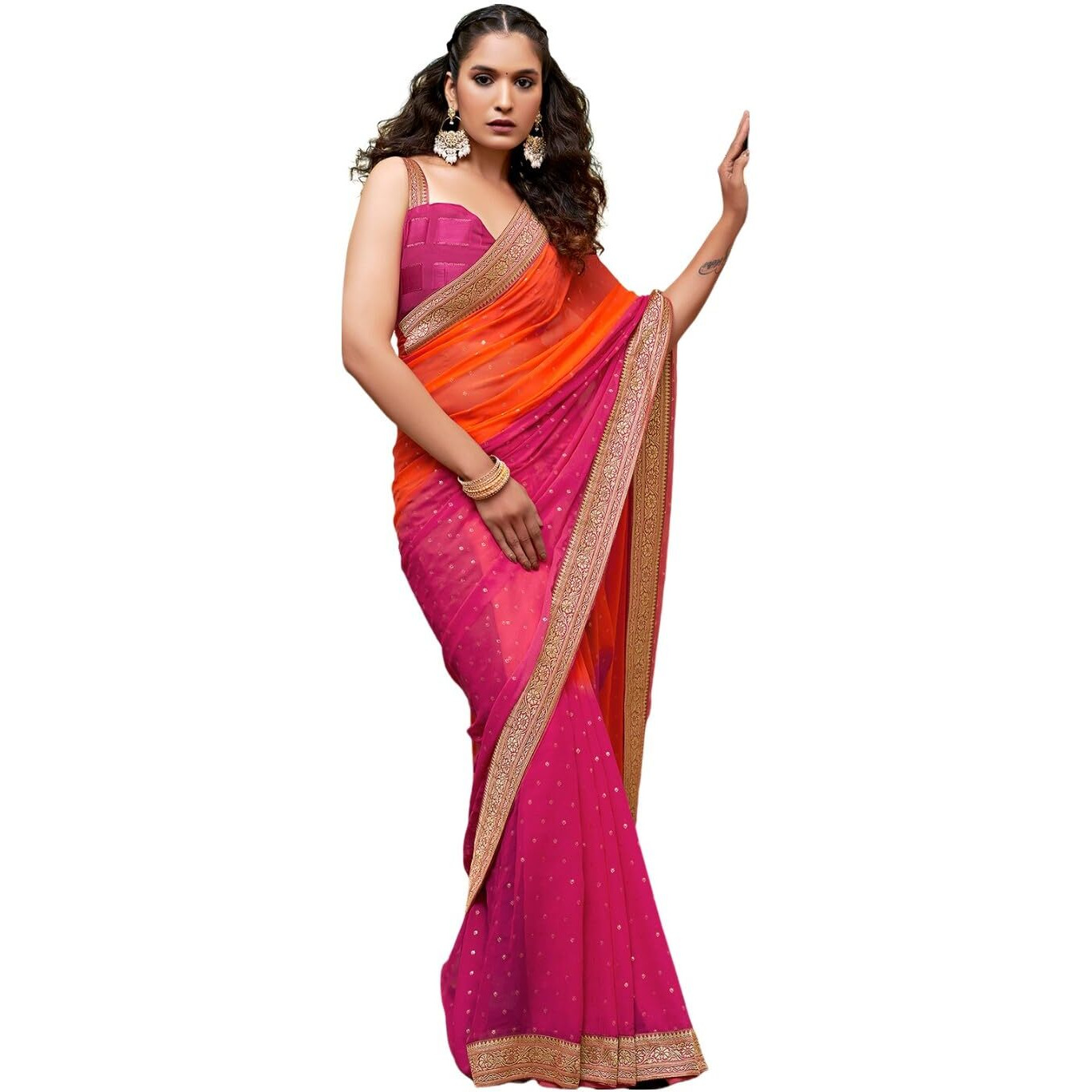 Satrani Women's Georgette Padding Foil Printed Lace Work Saree With Unstitched Blouse Piece (3694S141N_Orange & Pink)