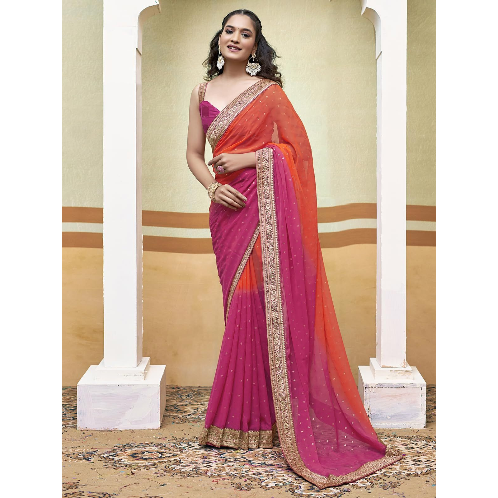 Satrani Women's Georgette Padding Foil Printed Lace Work Saree With Unstitched Blouse Piece (3694S141N_Orange & Pink)