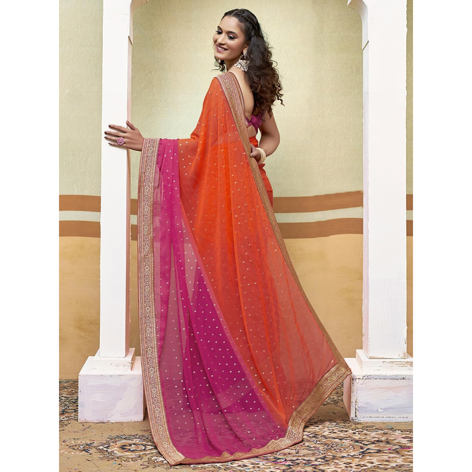 Satrani Women's Georgette Padding Foil Printed Lace Work Saree With Unstitched Blouse Piece (3694S141N_Orange & Pink)