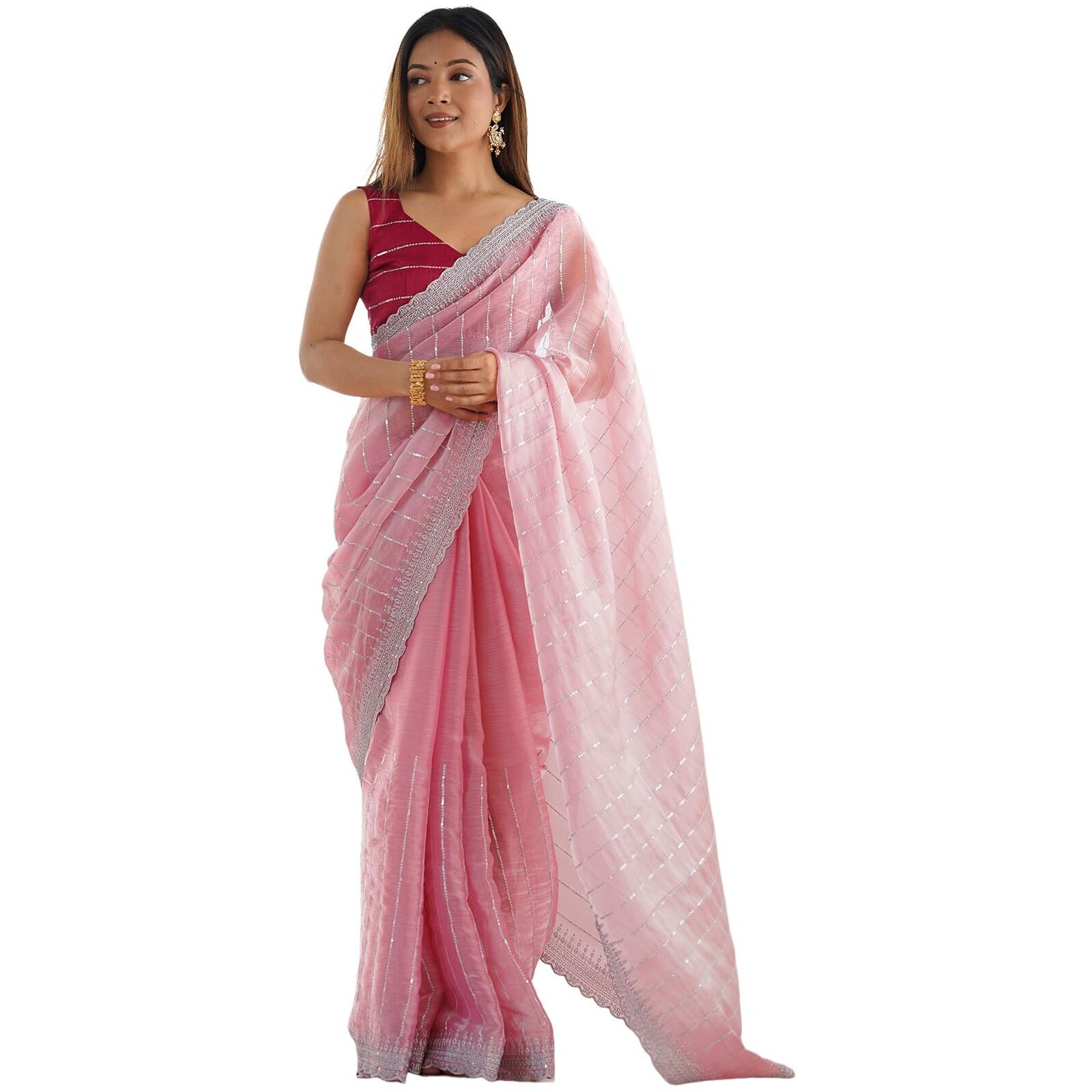 Satrani Women's Shimmer Chiffon Embroidery And Sequin Work Saree With Unstitched Blouse Piece (4136S157N_Pastel Pink)