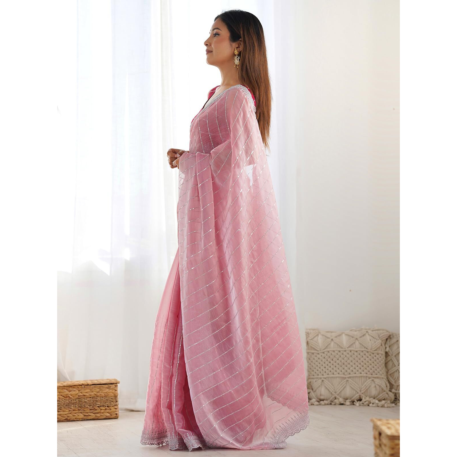 Satrani Women's Shimmer Chiffon Embroidery And Sequin Work Saree With Unstitched Blouse Piece (4136S157N_Pastel Pink)